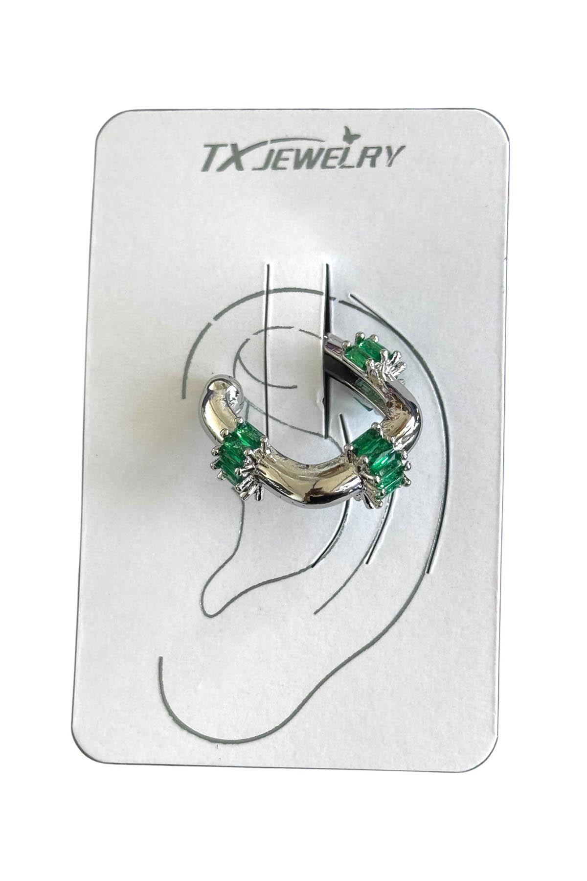 Gümüş Renk Taş Detaylı 14K Altın Kaplama TX Ear Cuff (Tek)