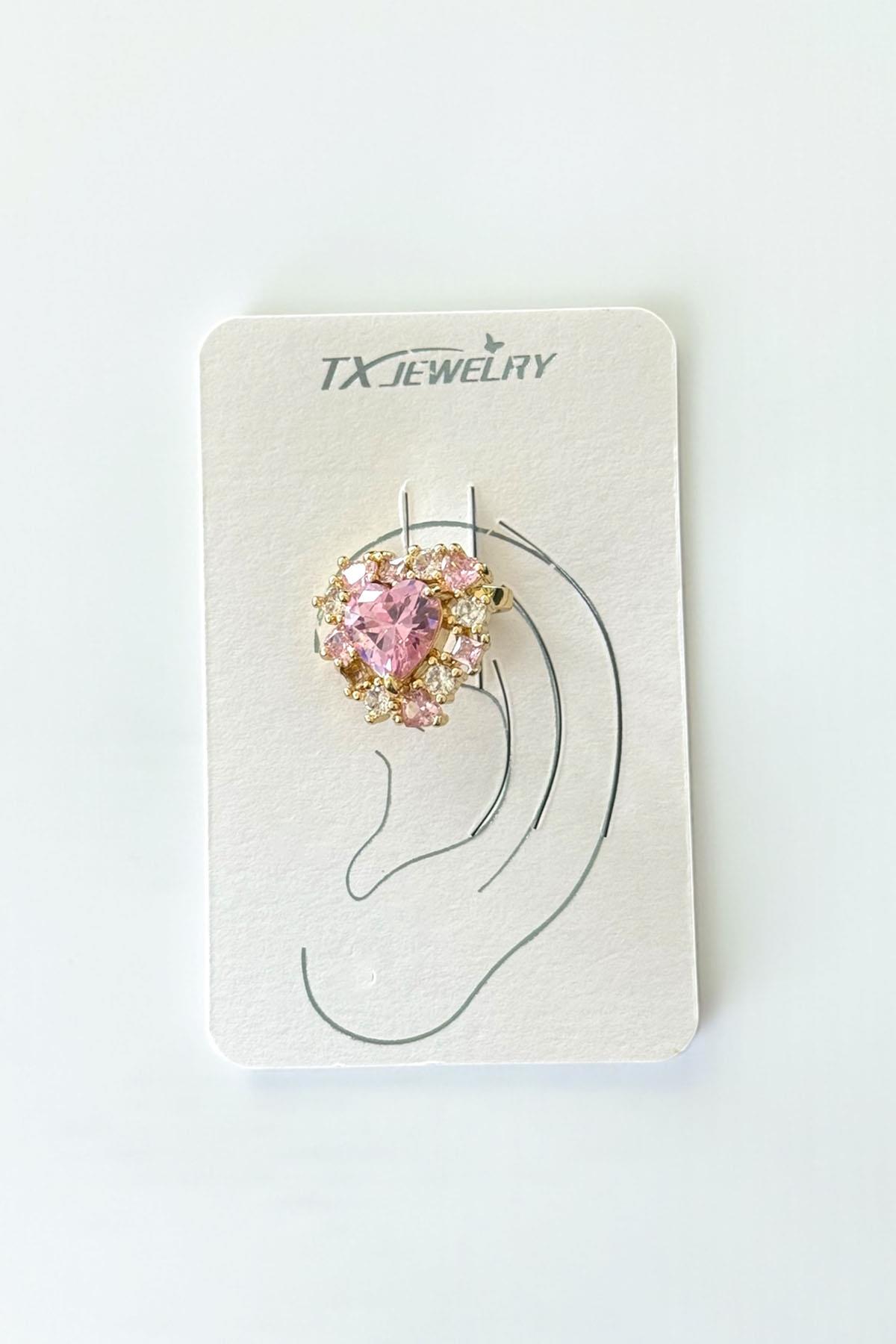 Altın Renk Kalp Figürlü Taş Detaylı 14K Altın Kaplama TX Ear Cuff (Tek)