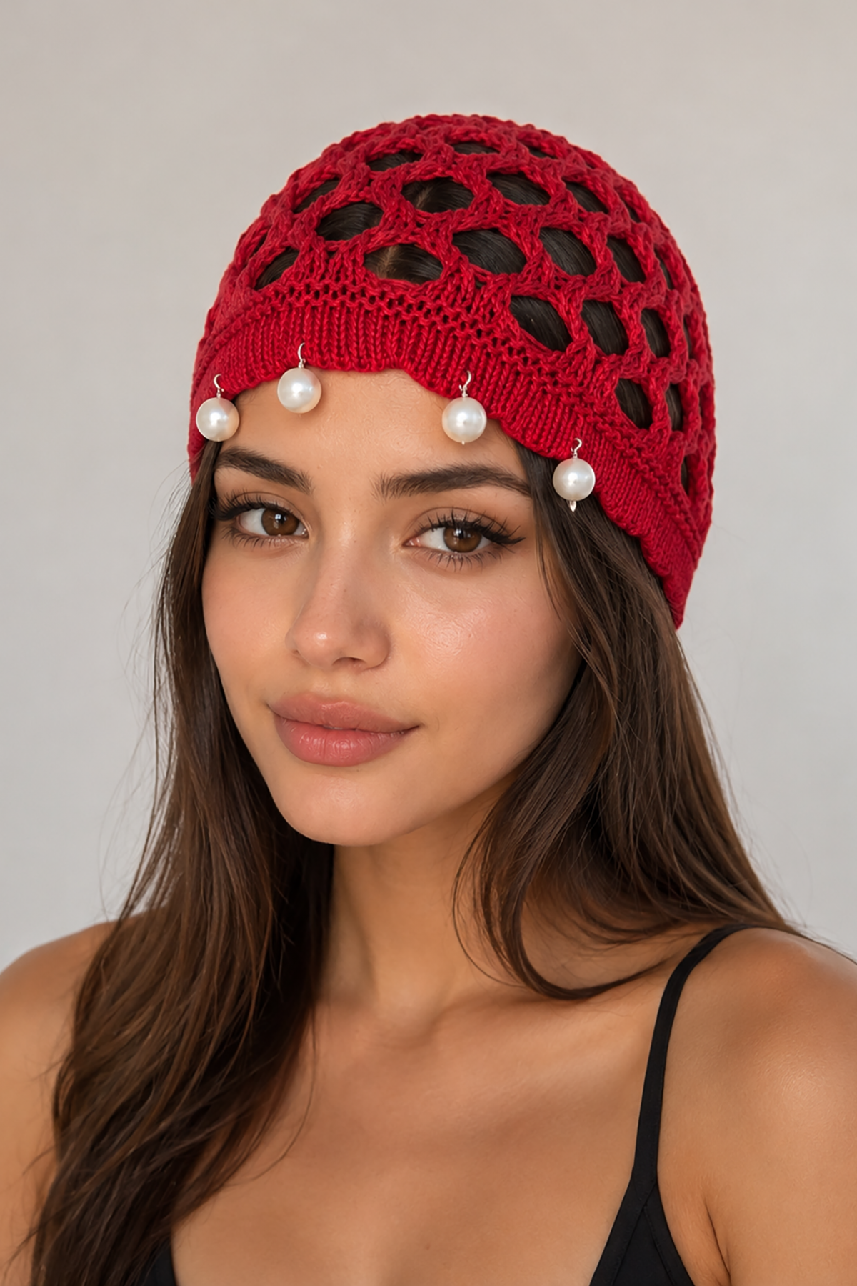 Kırmızı Renk İnci Detaylı Örgü Saç Bandana