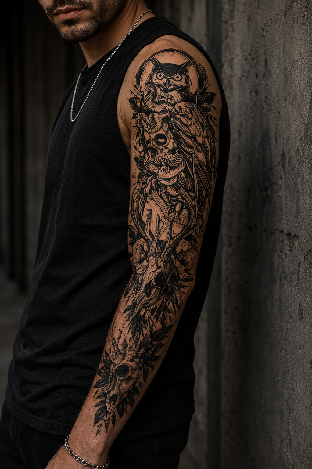 Baykuş Ve Kurukafa Geçici Dövme Tattoo