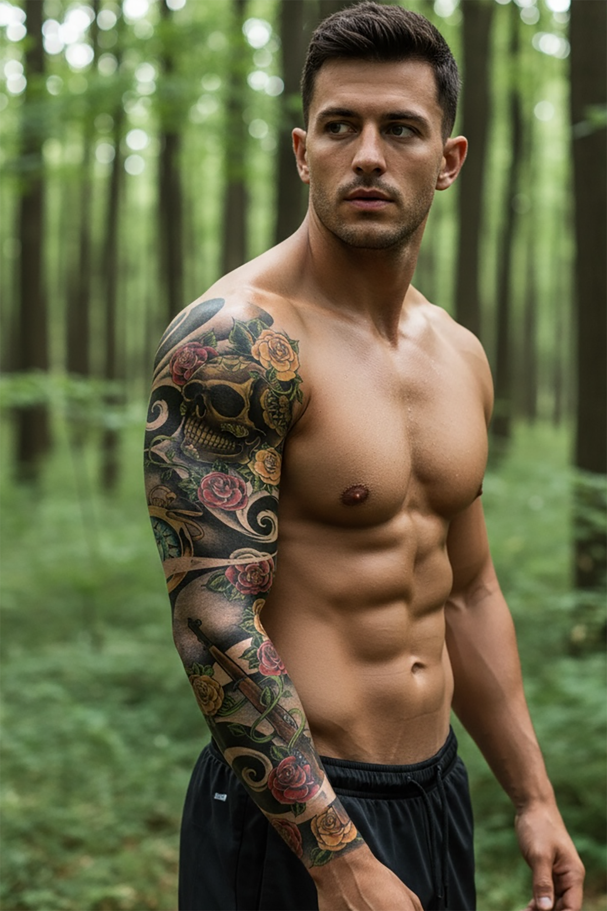 Geçici Kurukafa Çiçek ve Silah Kol Dövme Tattoo