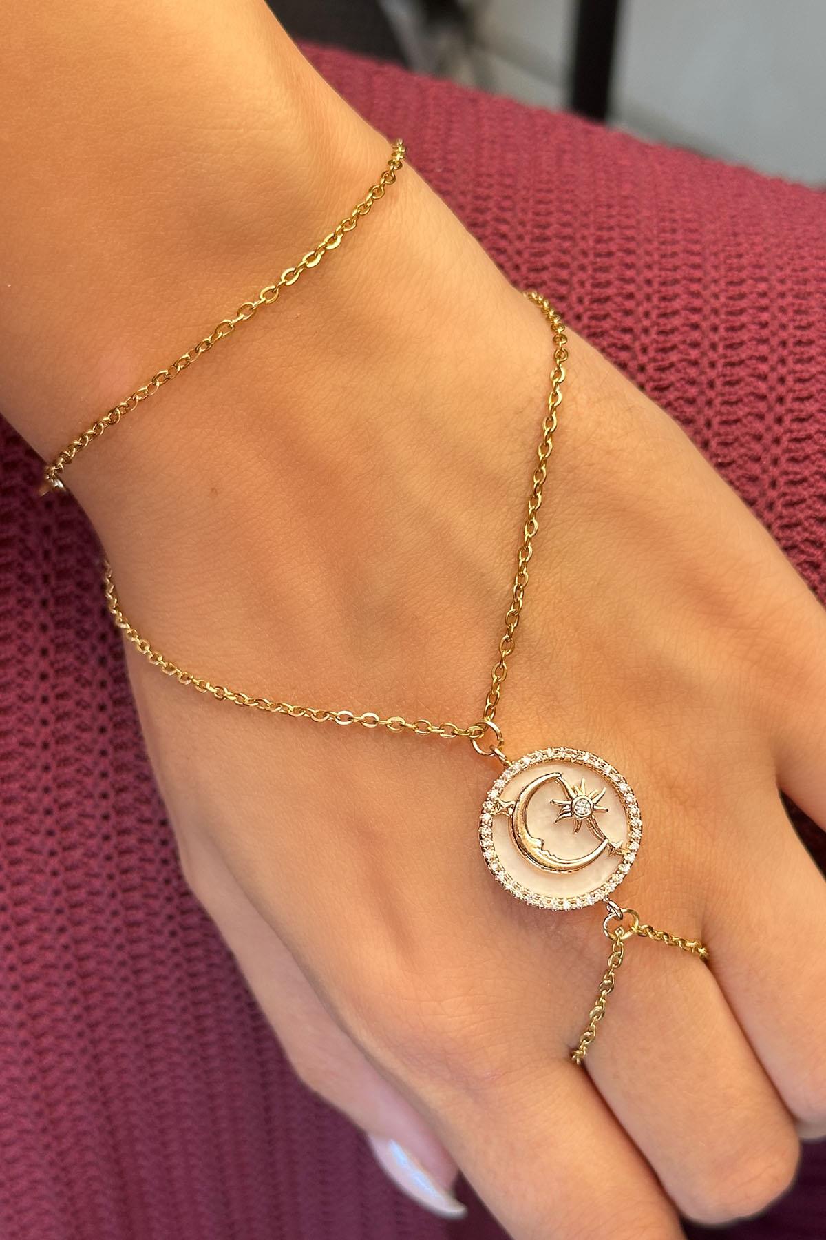 Altın Renk Ay Ve Yıldız Figürlü Taş Detaylı Çelik Şahmeran