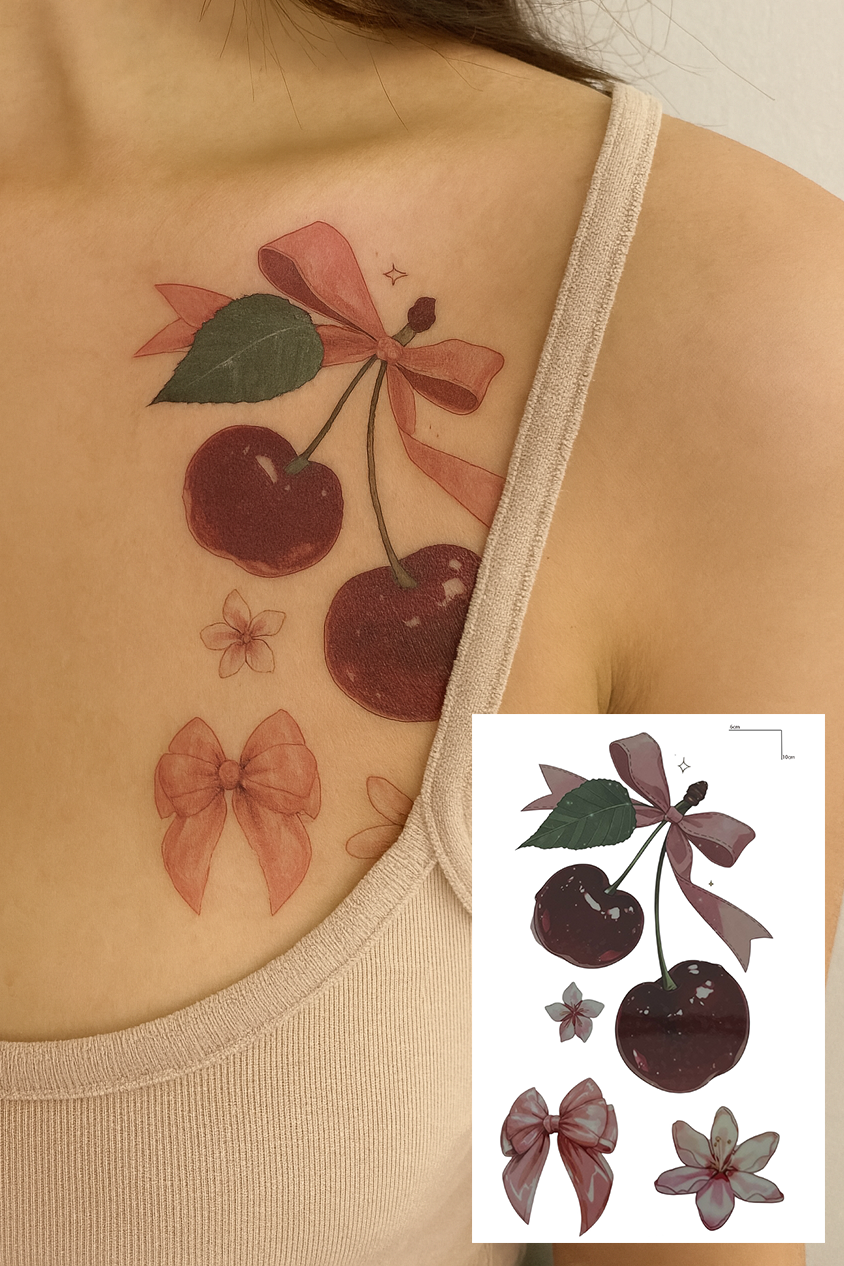 Kiraz Ve Kurdele Figürlü Mini Dövme Tattoo