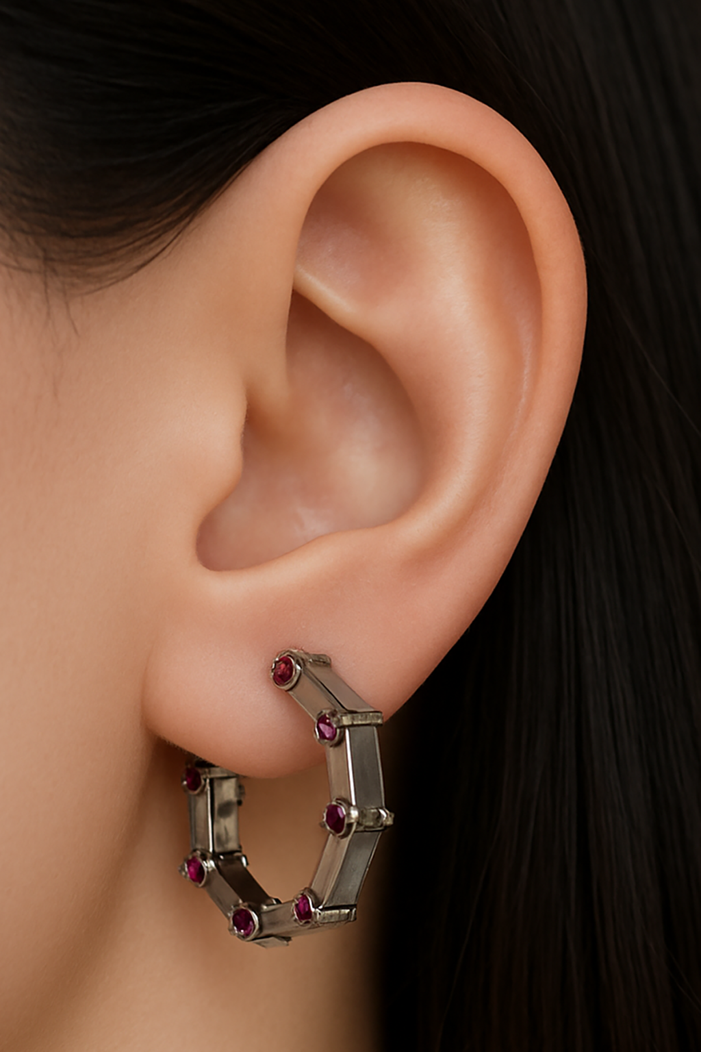 Gümüş Renk Taş Detaylı Halka YSX Küpe 