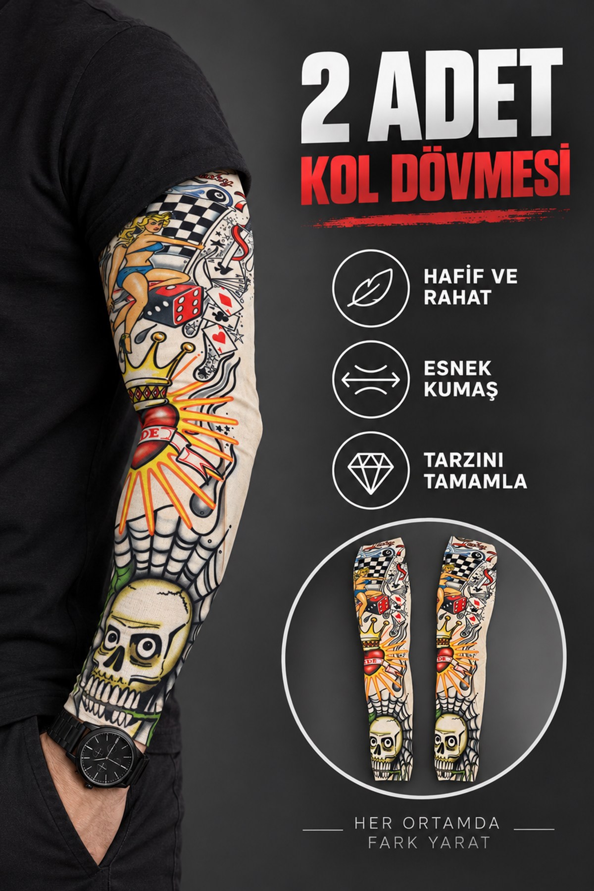 Karışık Renk Ve Desenli Giyilebilir Dövme Sleve (Çift)