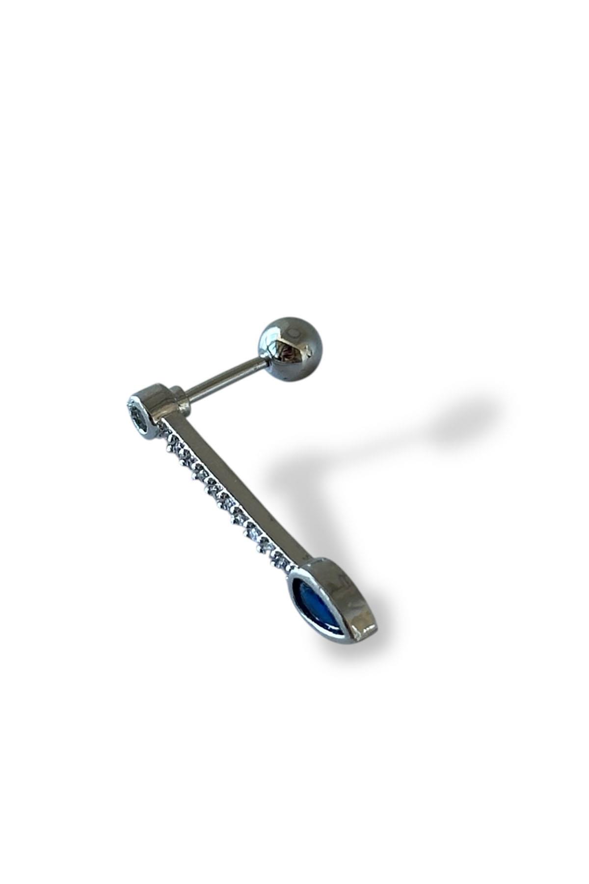 Gümüş Renk Taş Detaylı Çelik Tragus/Kıkırdak Küpe/Piercing (Tek)