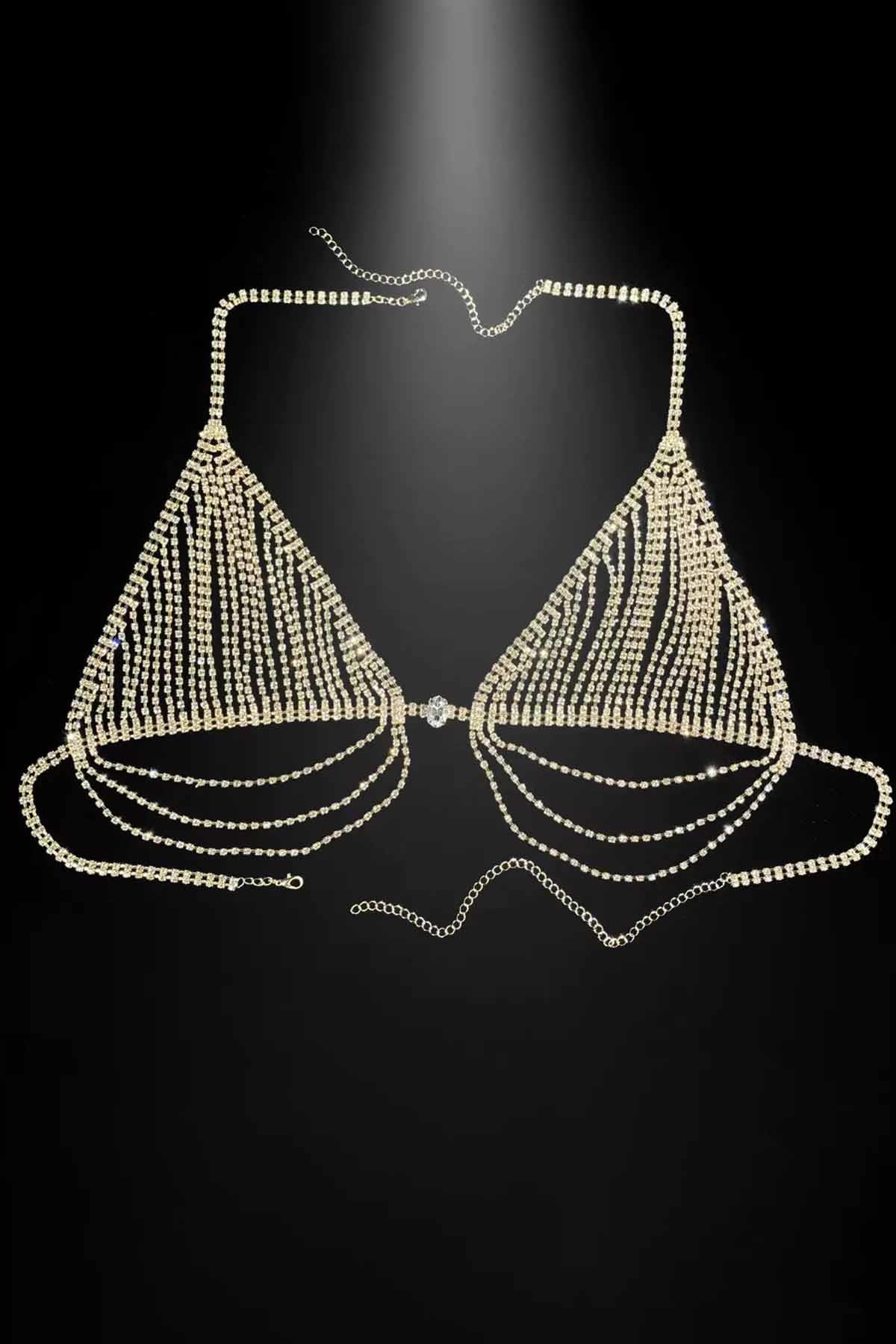 Altın Renk Taş Detaylı Bikini Üstü /Bralet /Vücut Aksesuarı