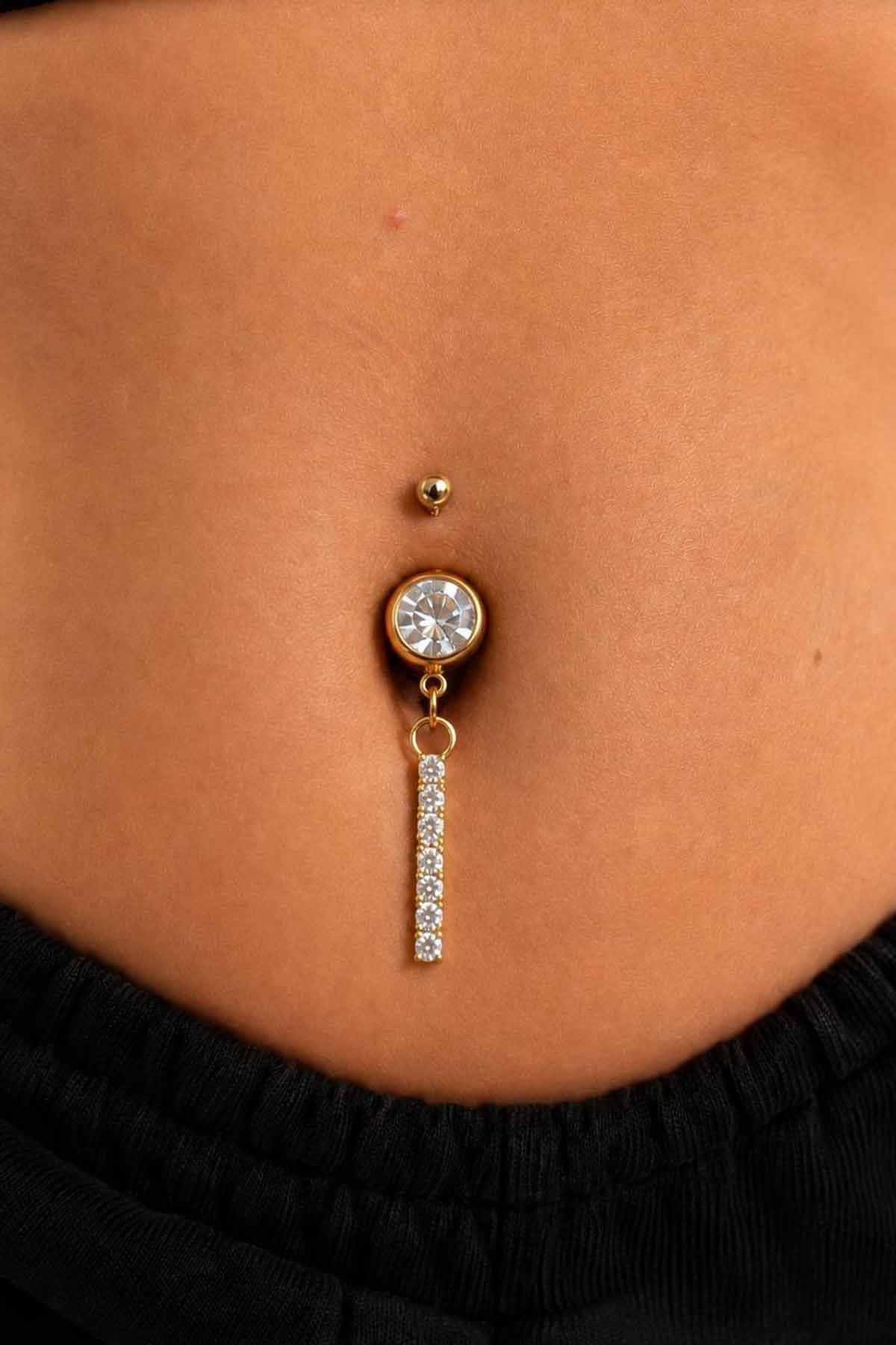 Altın Renk Taşlı Sallantılı Cerrahi Çelik Göbek Piercing