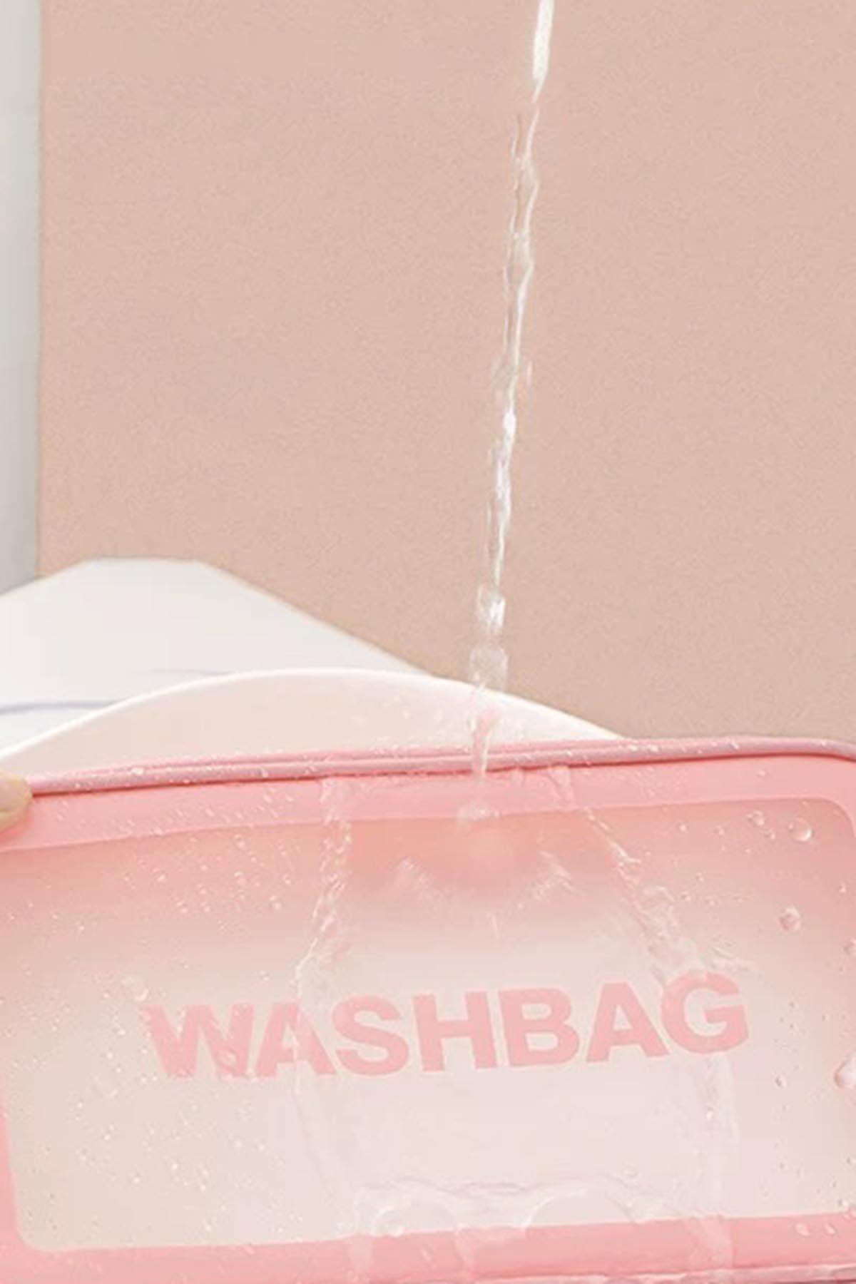 Pembe Renk Washbag Yazılı Su Geçirmez Büyük Boy Makyaj Çantası
