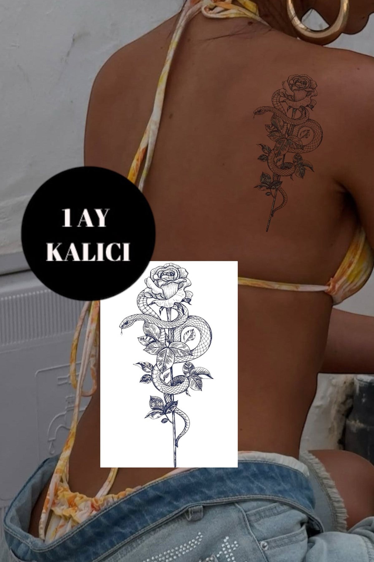 Yılan Figürlü Çiçek Detaylı Sonradan Kararan Yarı Kalıcı Geçici Dövme Tattoo