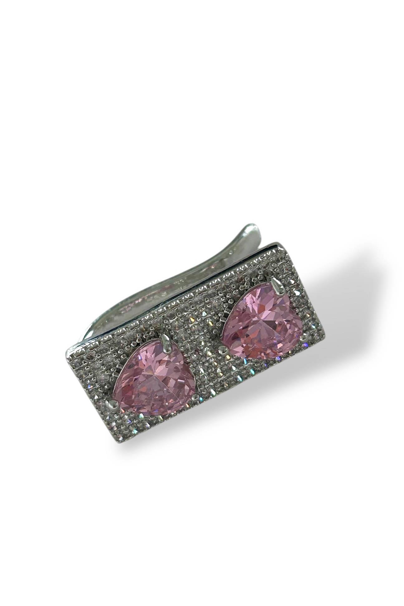 Gümüş Ve Pembe Renk Kalp Figürlü 14K Altın Kaplama TX Ear Cuff (Tek)