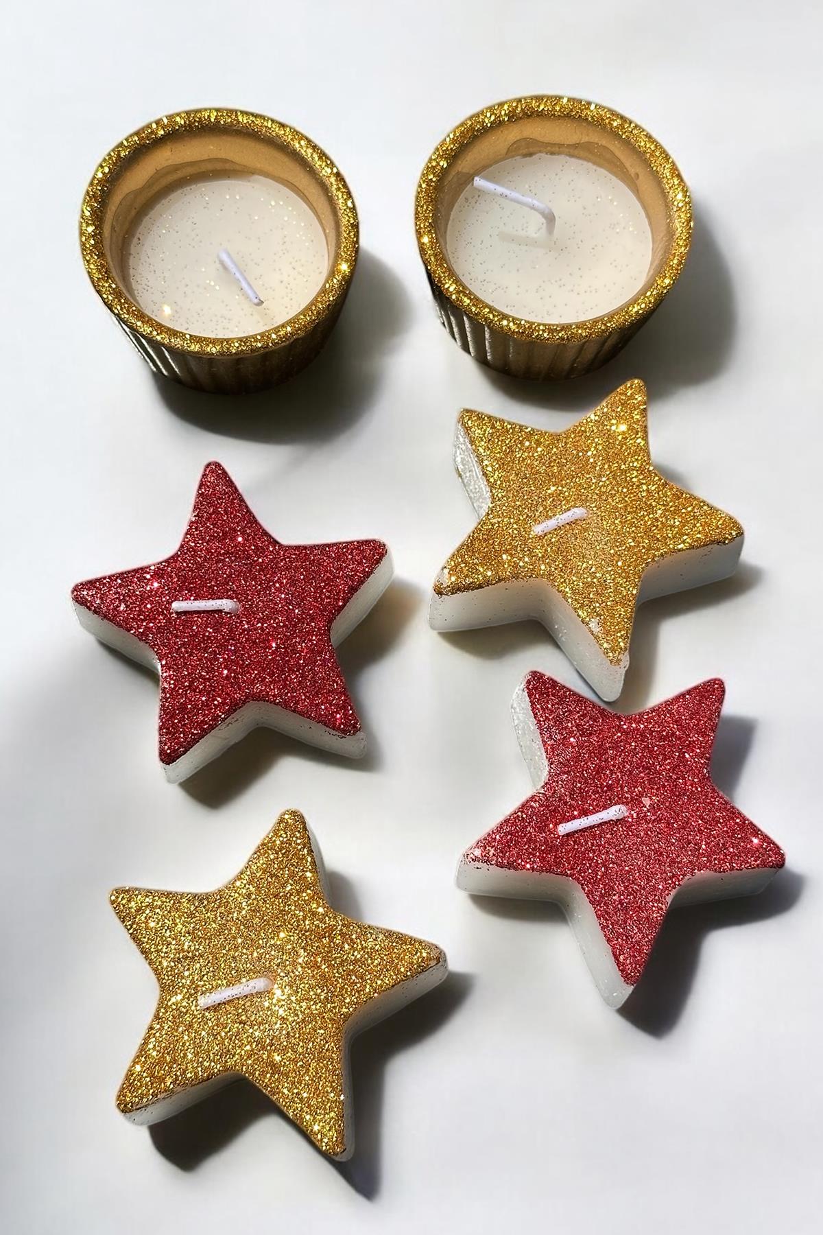 6lı Karışık Renk Yıldız Figürlü Sim Detaylı Mum Set