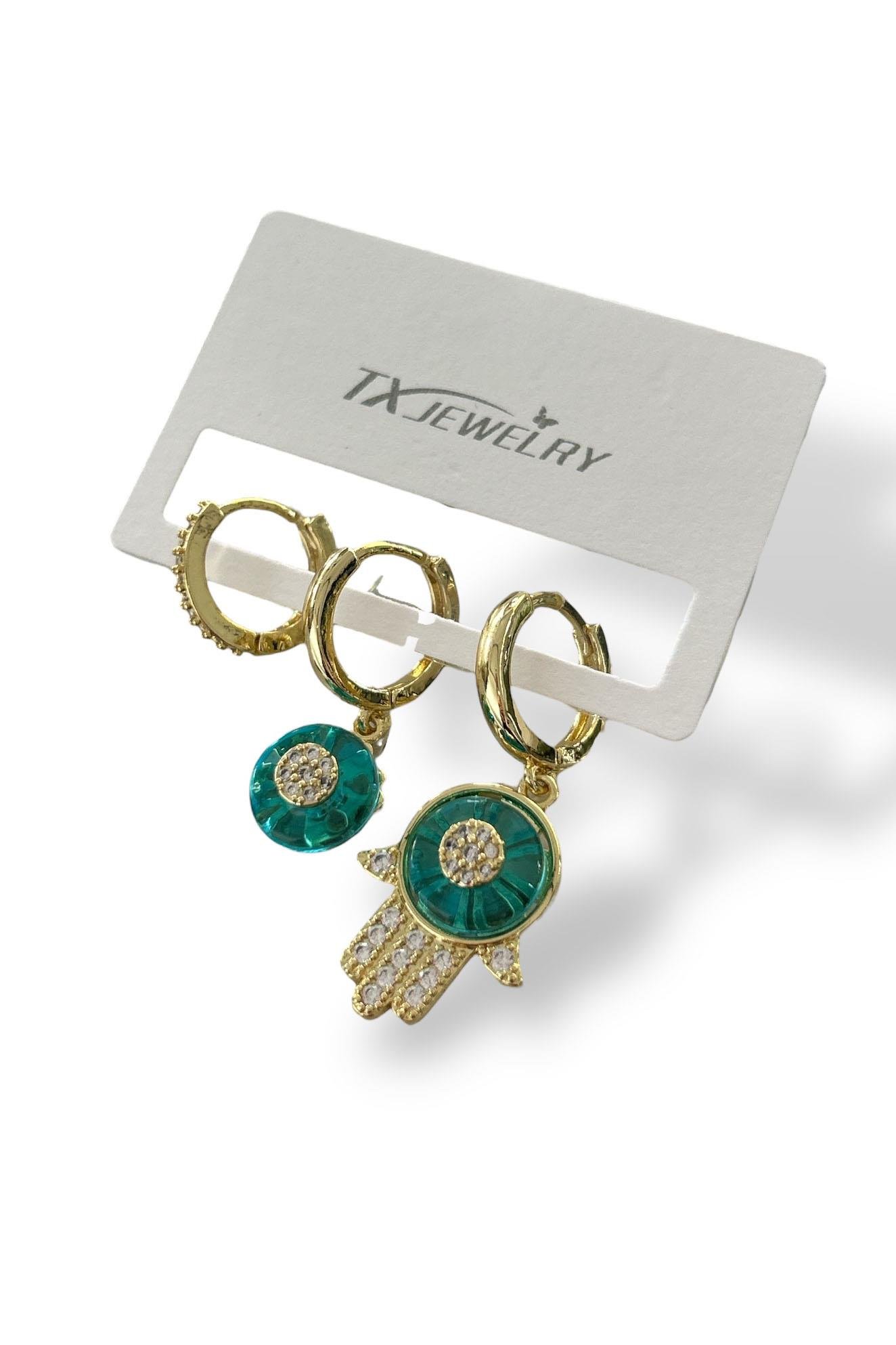 3lü Altın Renk Mavi Taş Detaylı 14K Altın Kaplama TX Küpe