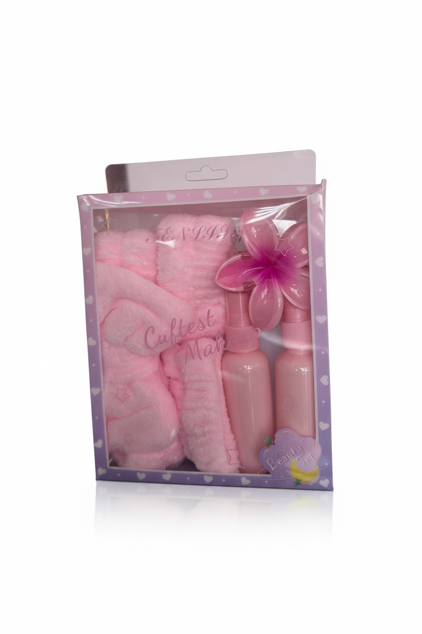 Pembe Renk Peluş Saç Bandı-El Havlu-Mandal Toka Ve 2 Adet Sprey Şişe Set