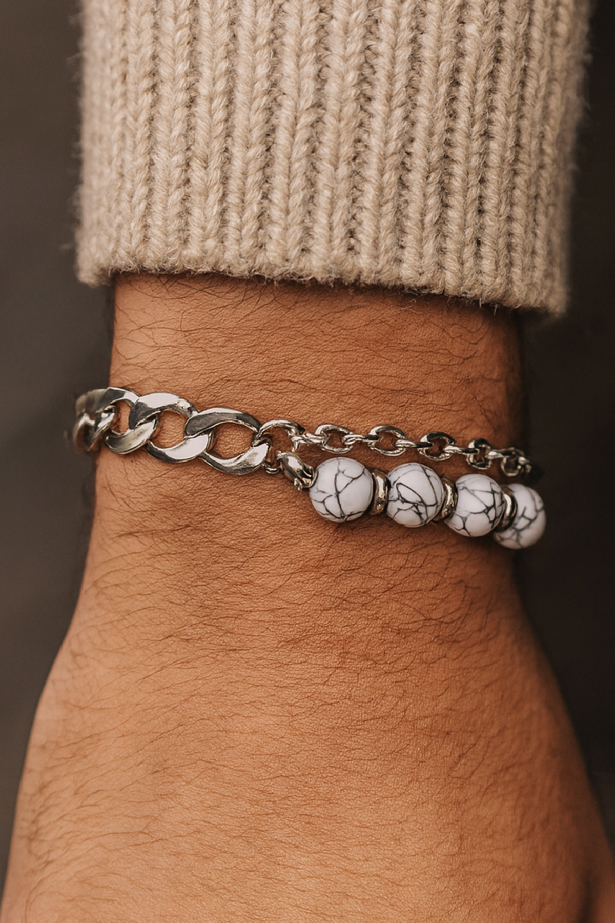 Karışık Renk Zincir Ve Boncuk Detaylı Çelik Erkek Bileklik