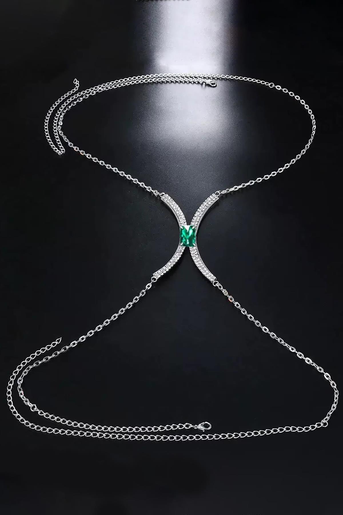 Gümüş Renk Taş Detaylı Tasarım Vücut Aksesuar