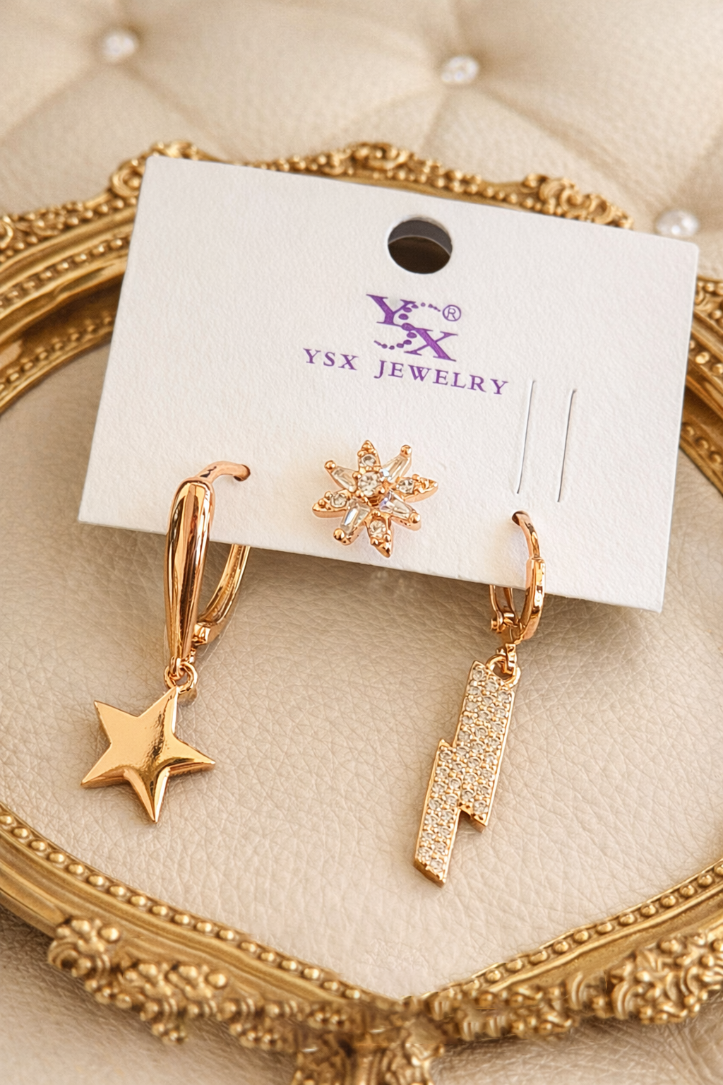 Rose Gold Renk Taş Detaylı 3lü Ysx Küpe Set