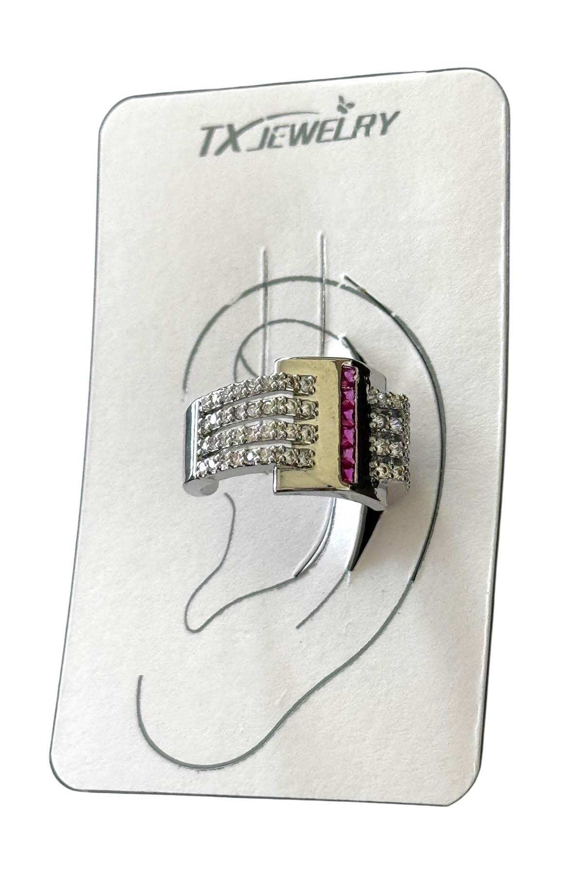 Gümüş Renk Taş Detaylı 14K Altın Kaplama TX Ear Cuff (Tek)
