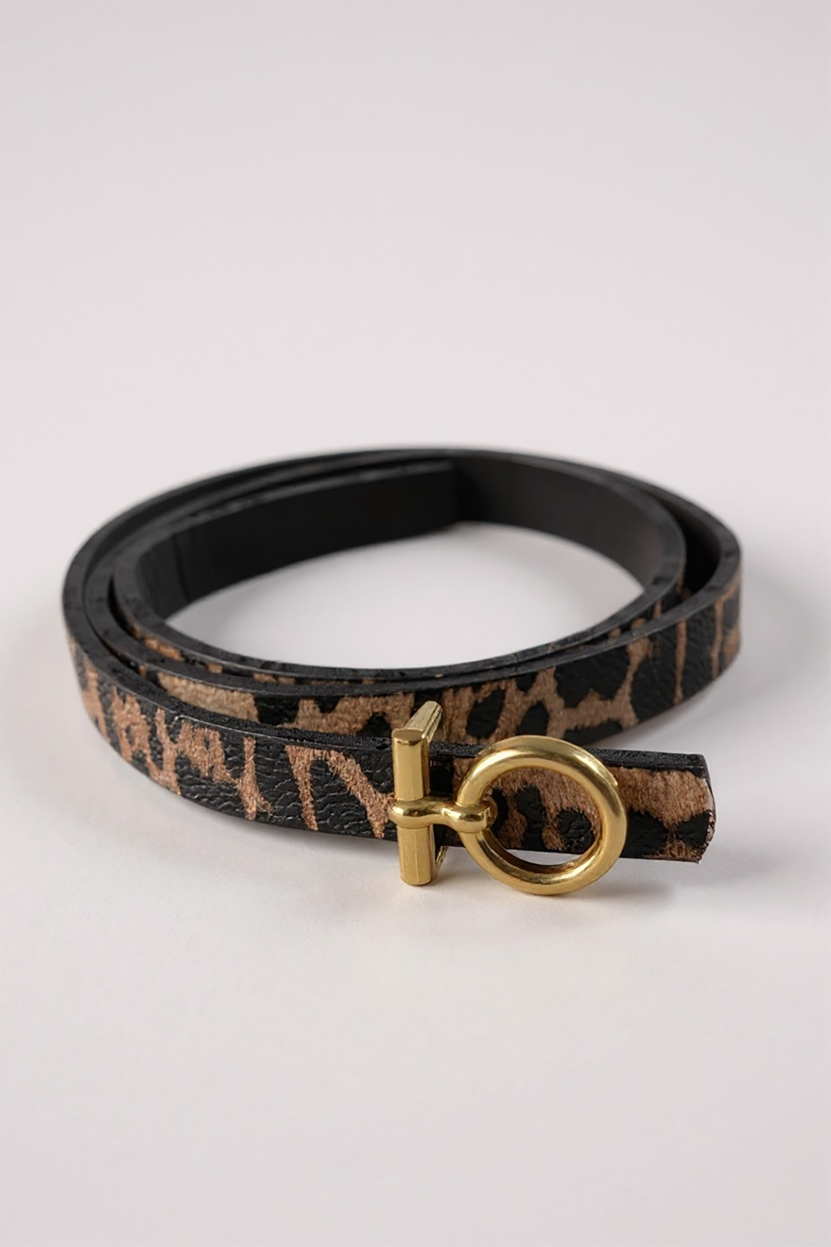 Altın Renk Leopar Desenli Kadın Deri Kemer