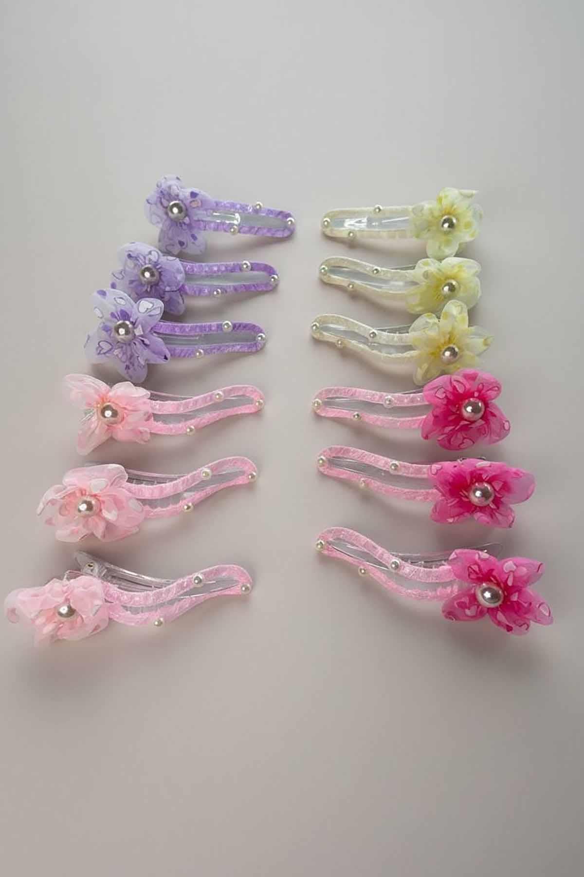 12li Karışık Renk Çiçek Figürlü Pens Toka Set