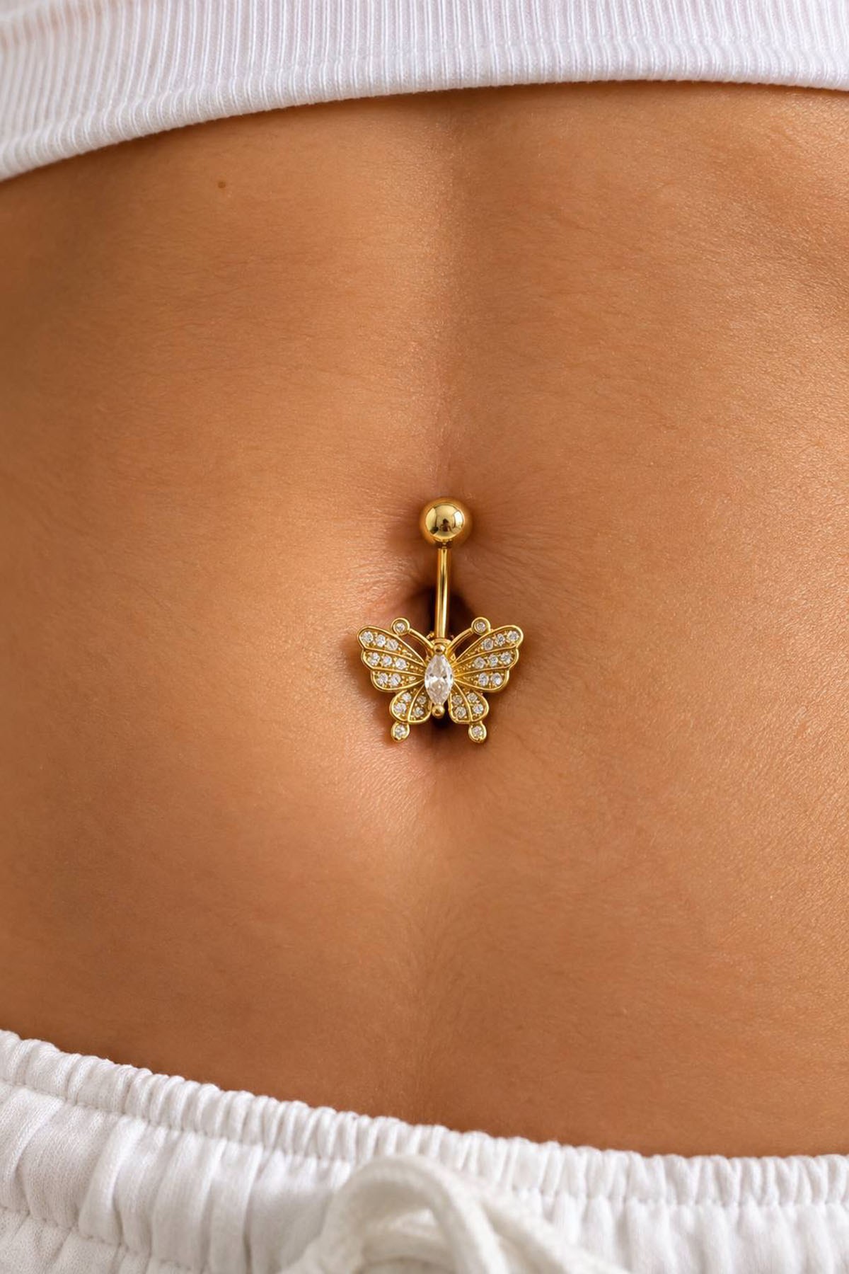 Altın Renk Kelebek Figürlü Cerrahi Çelik Göbek Piercing