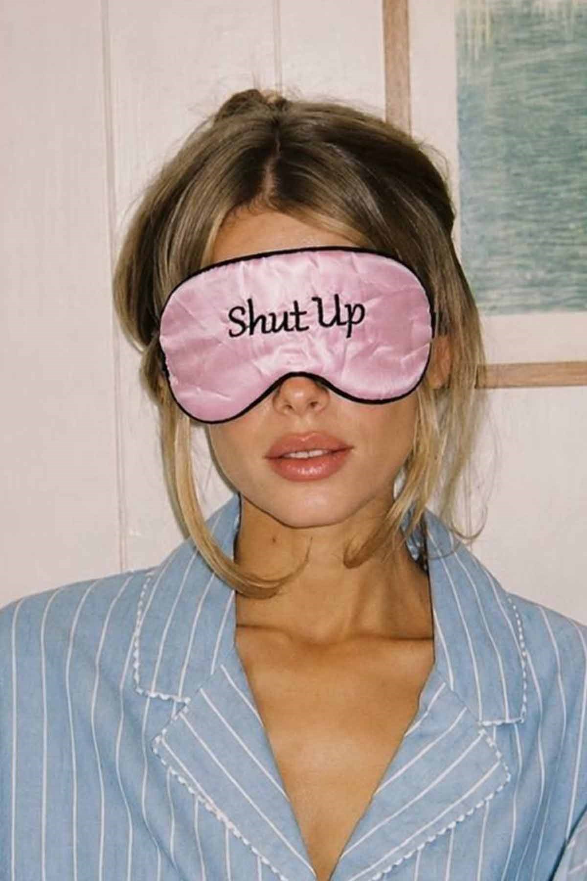Pembe Renk Shut Up Yazılı Saten Uyku Bandı