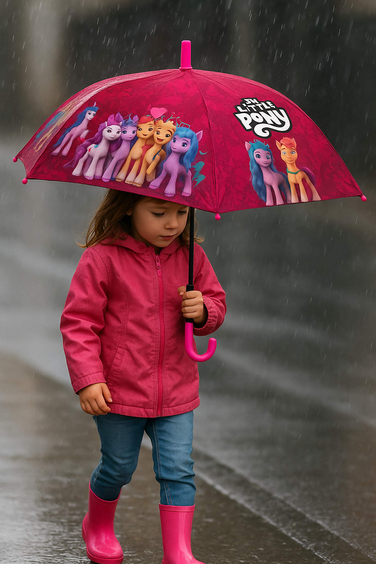 Pembe Renk Karışık Figürlü Kılıflı Çocuk Şemsiye
