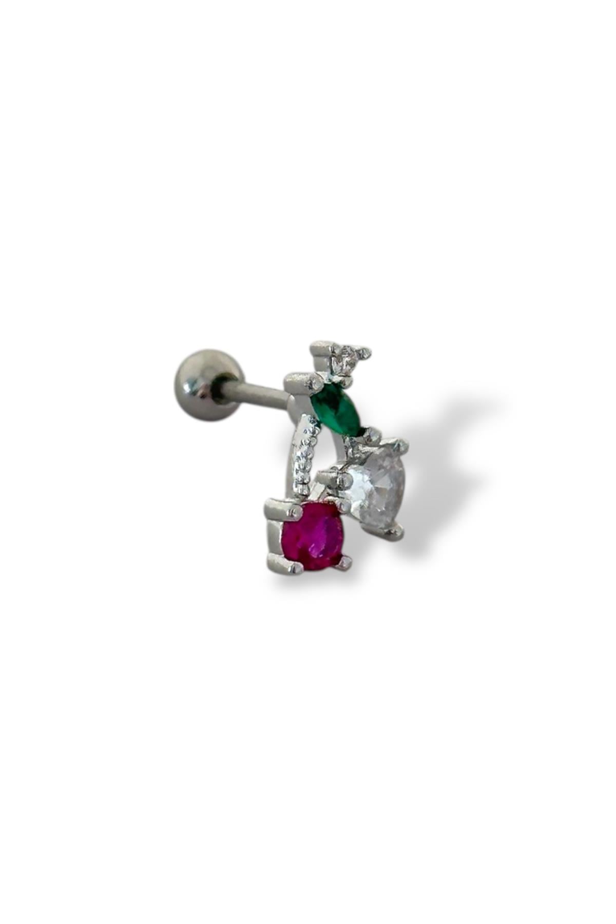Gümüş Renk Renkli Taş Detaylı Çelik Tragus/Kıkırdak Küpe/Piercing (Tek)