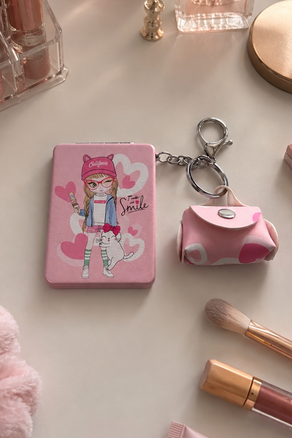 Pembe Renk Kız Detaylı Cep Aynası/Çanta Charm