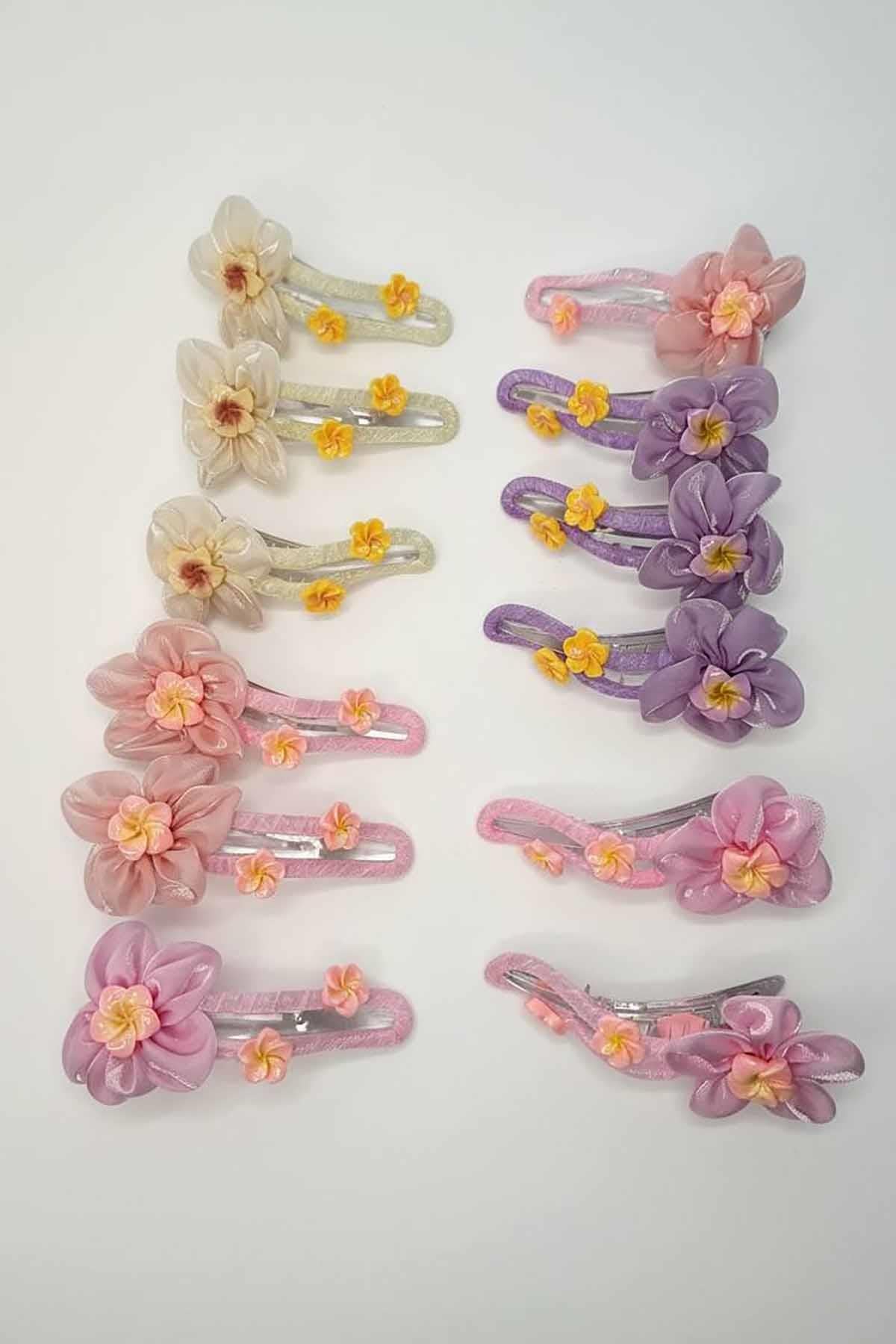 12li Karışık Renk Çiçek Figürlü Pens Toka Set