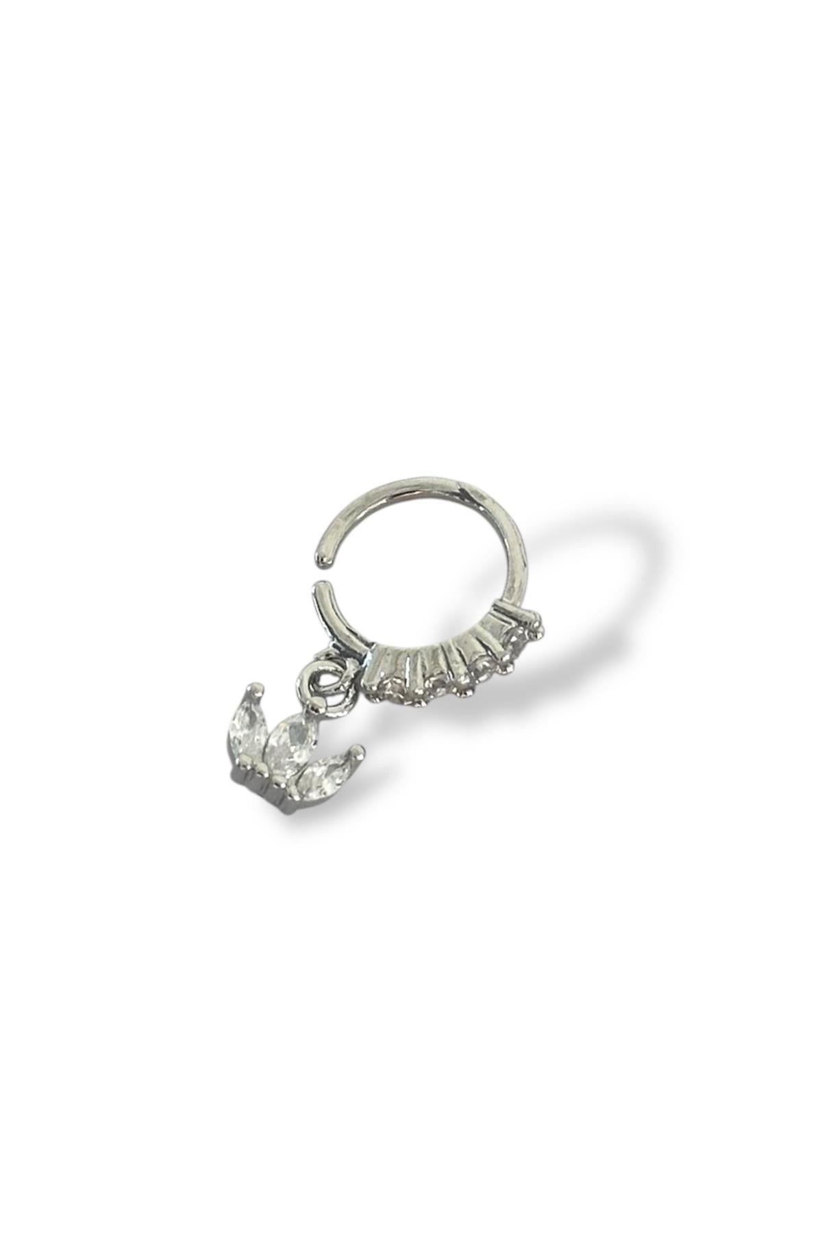 Gümüş Renk Taş Detaylı Çelik Halka Tragus/Kıkırdak Küpe/Piercing (Tek)