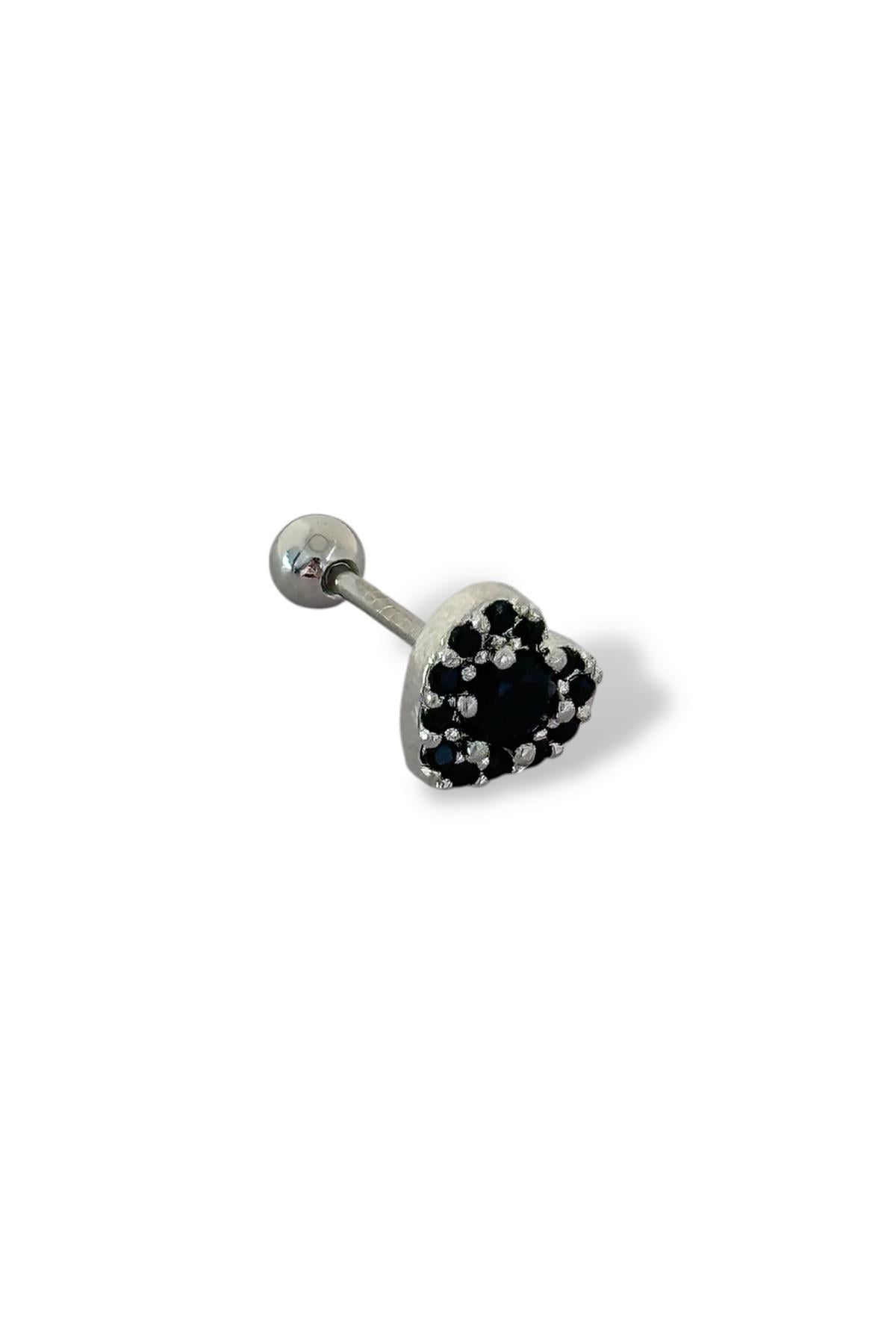 Gümüş Renk Kalp Figürlü Taş Detaylı Çelik Tragus/Kıkırdak Küpe/Piercing (Tek)