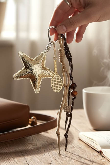 Kahverengi Yıldız Ve Raket Figürlü Çanta Charm/ Anahtarlık