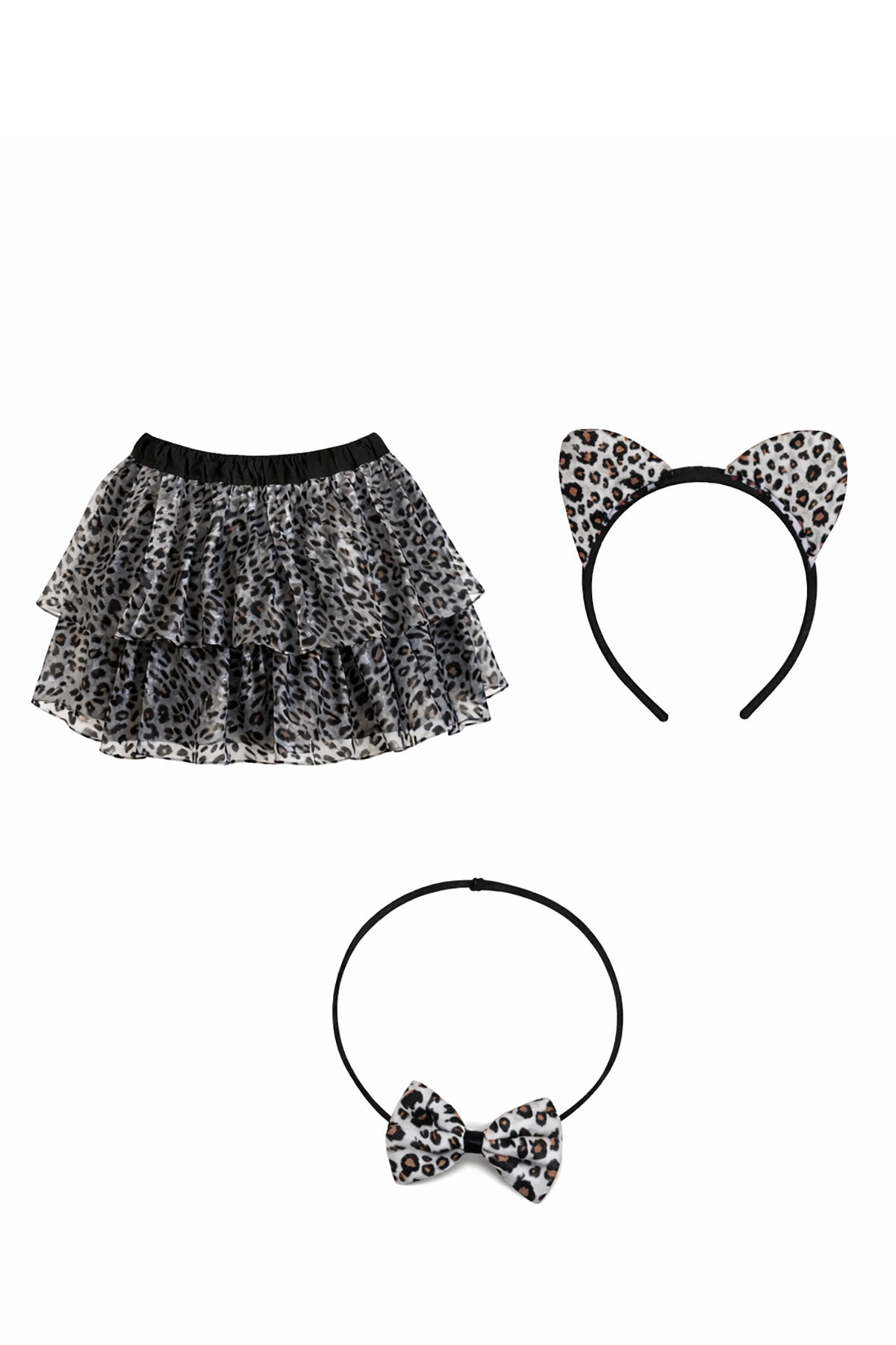Siyah Renk Leopar Desenli Kanat/Etek/Papyon Set