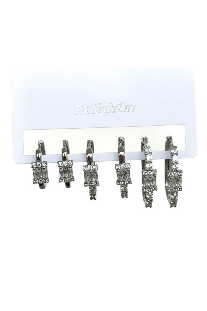 Gümüş Renk 6lı Taş Detaylı TX 14K Altın Kaplama Küpe Set