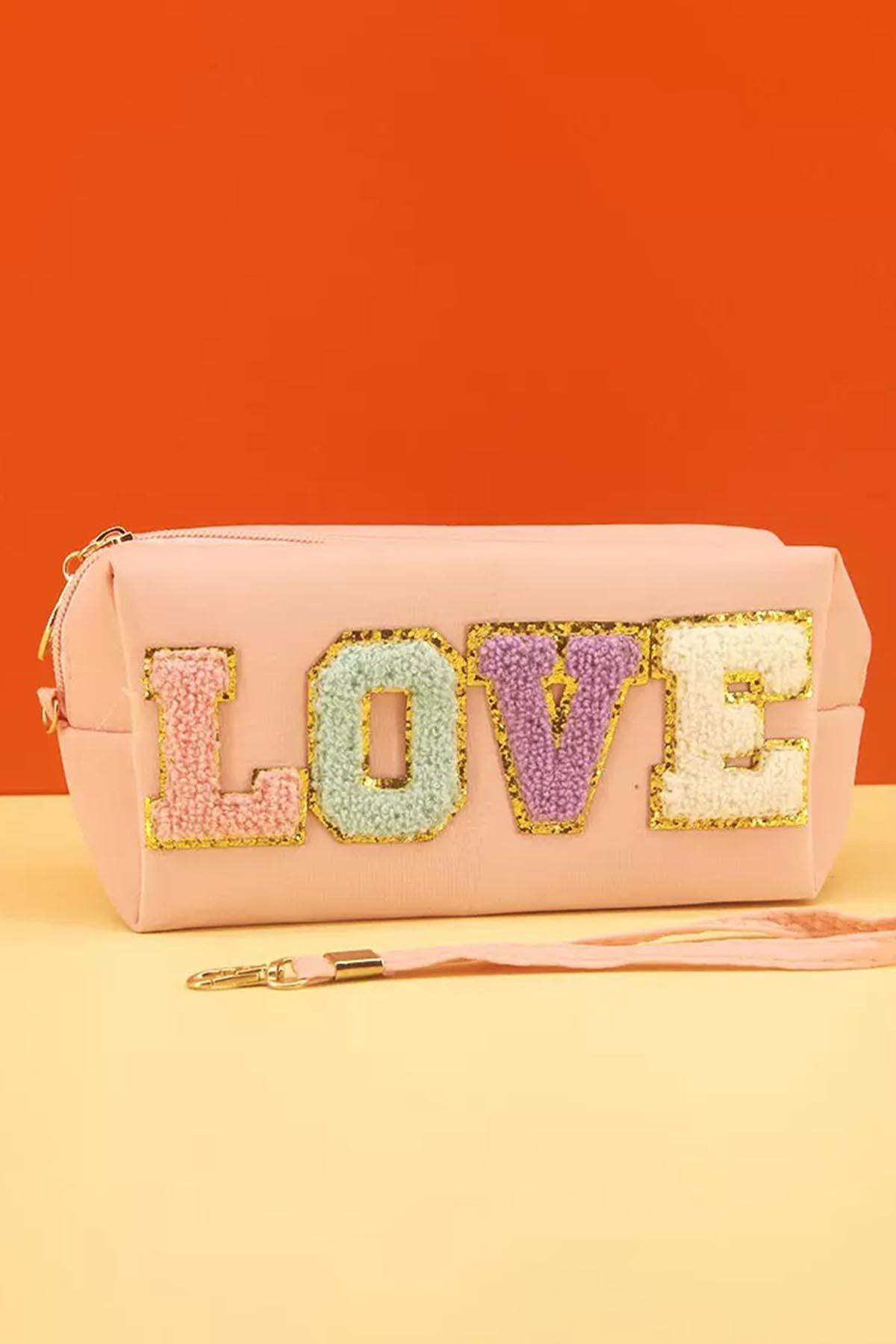 Açık Pembe Renk Love Detaylı Makyaj Çantası