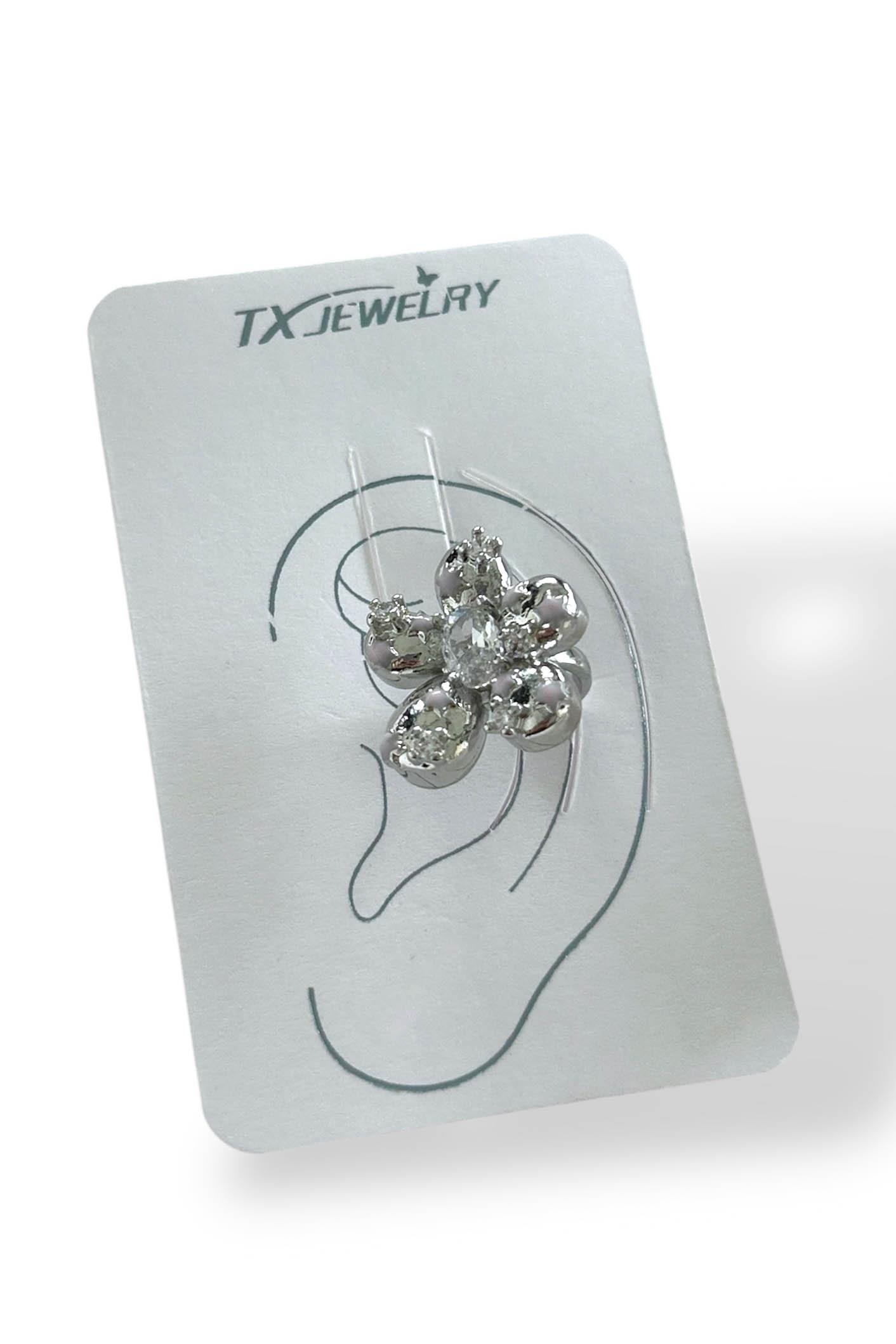 Gümüş Renk Çiçek Figürlü 14K Altın Kaplama TX Ear Cuff (Tek)