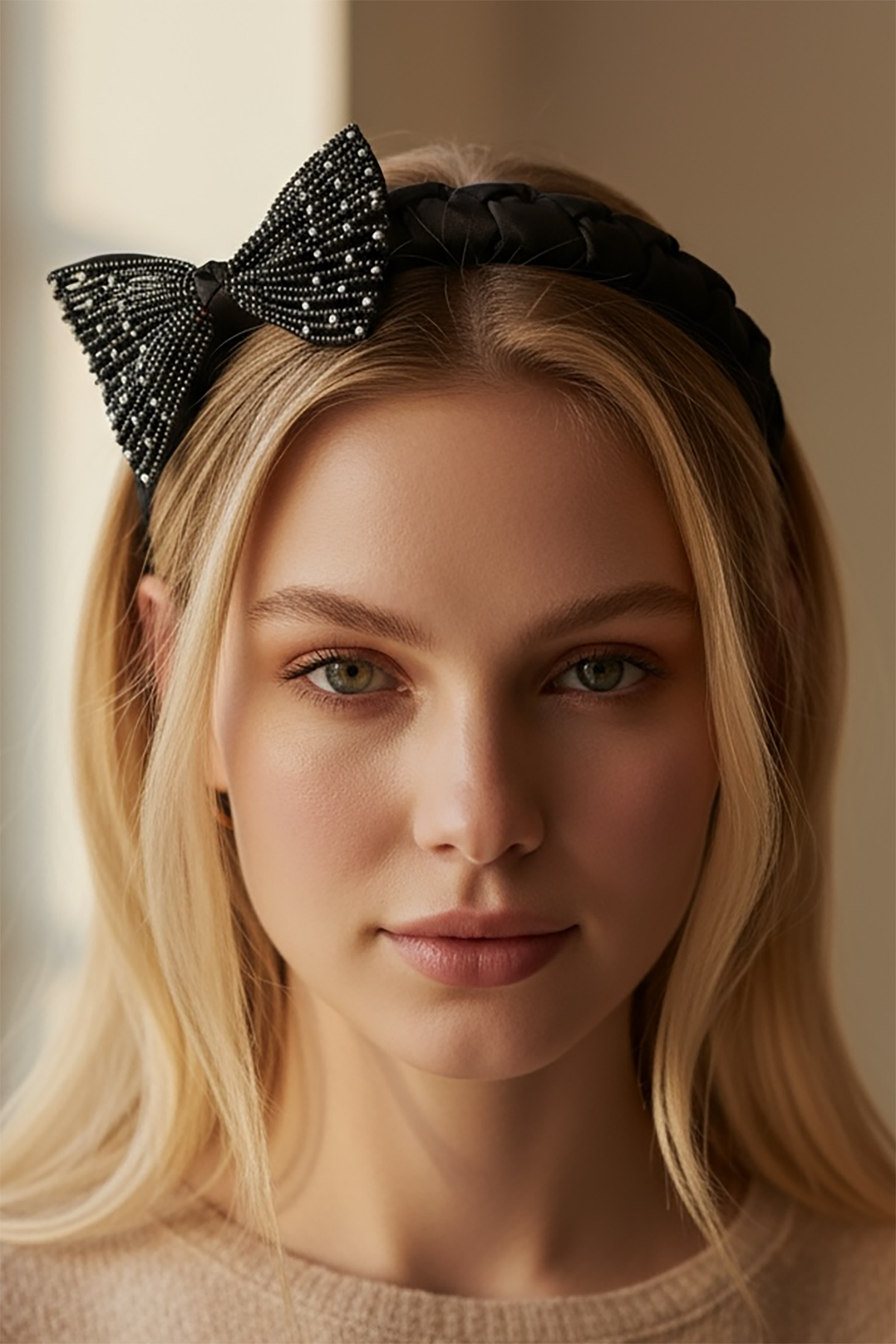 Siyah Renk Kurdele Figürlü Taş Detaylı Taç