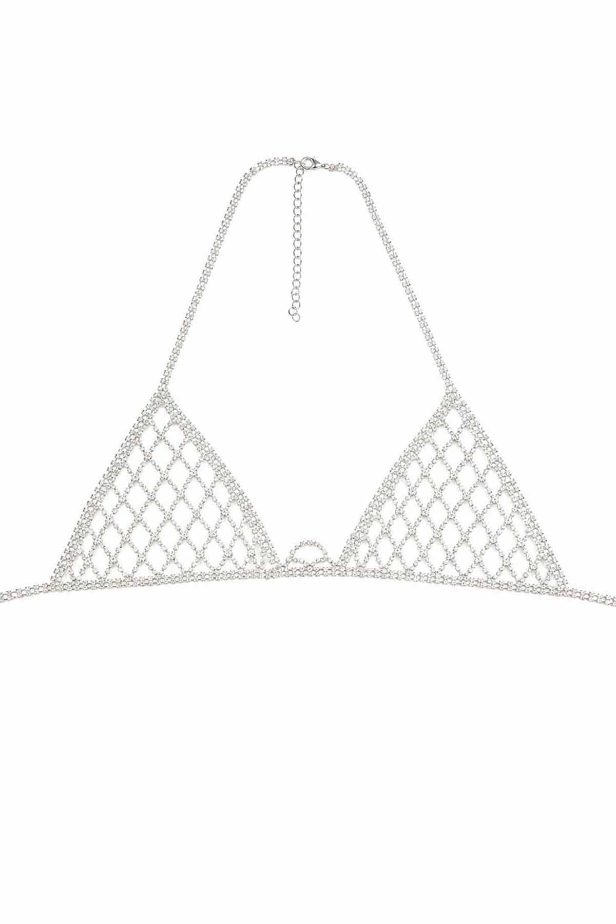 Gümüş Renk Taş Detaylı Bikini Üstü /Bralet /Vücut Aksesuarı