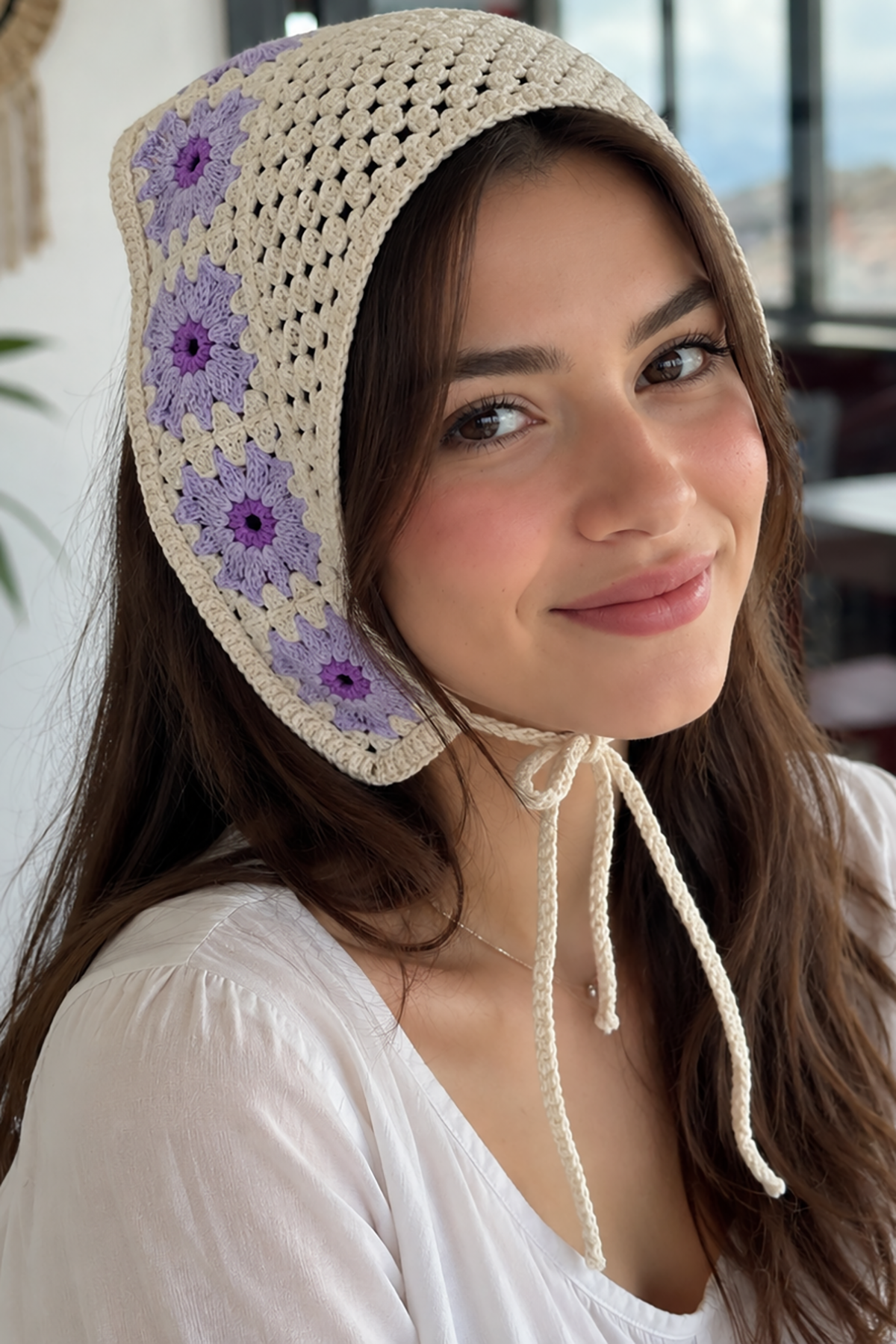 Mor Renk Çiçek Desenli Örgü Saç Bandana