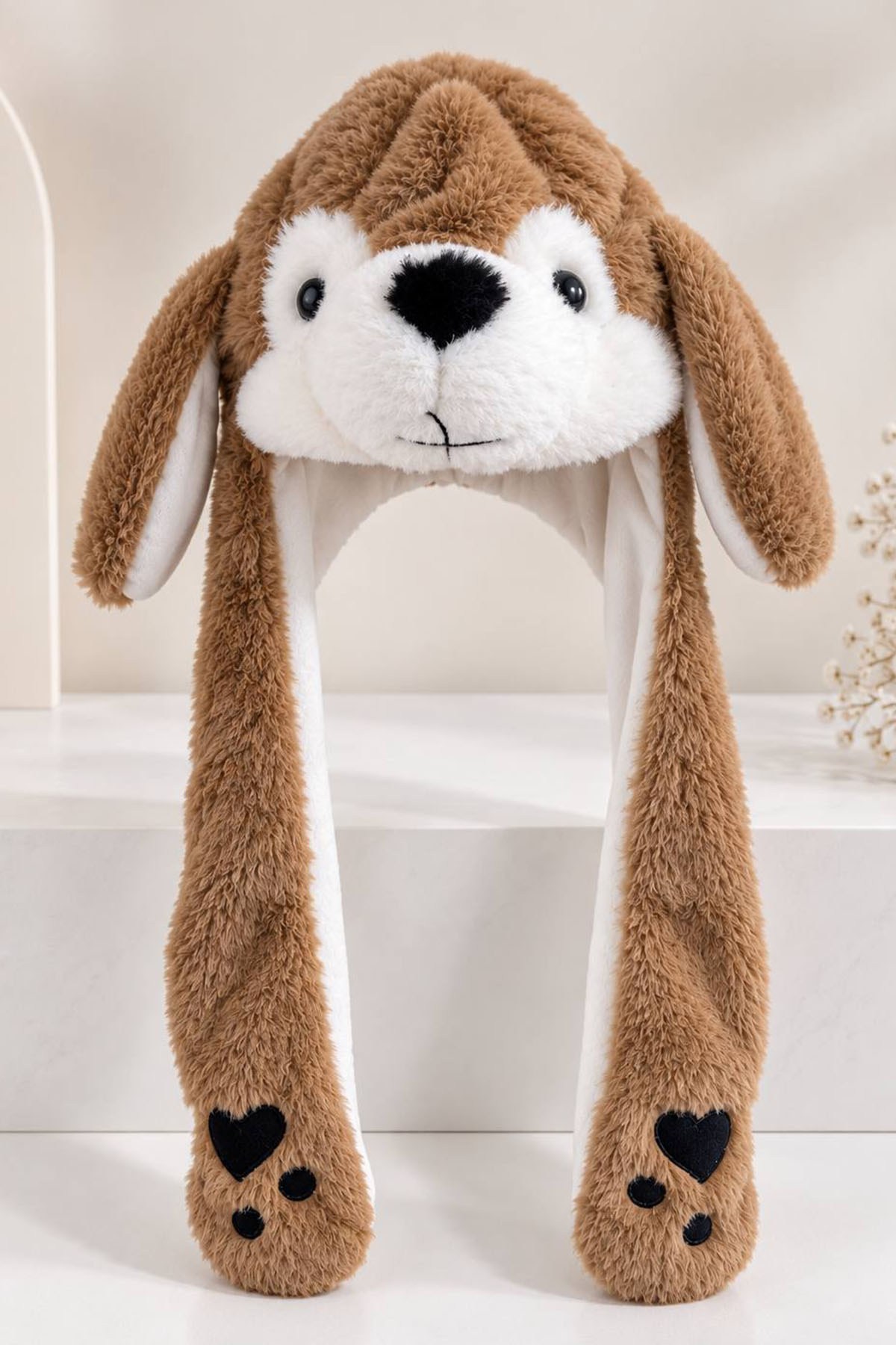 Kahverengi Köpek Figürlü Kulakları Oynayan Peluş Şapka