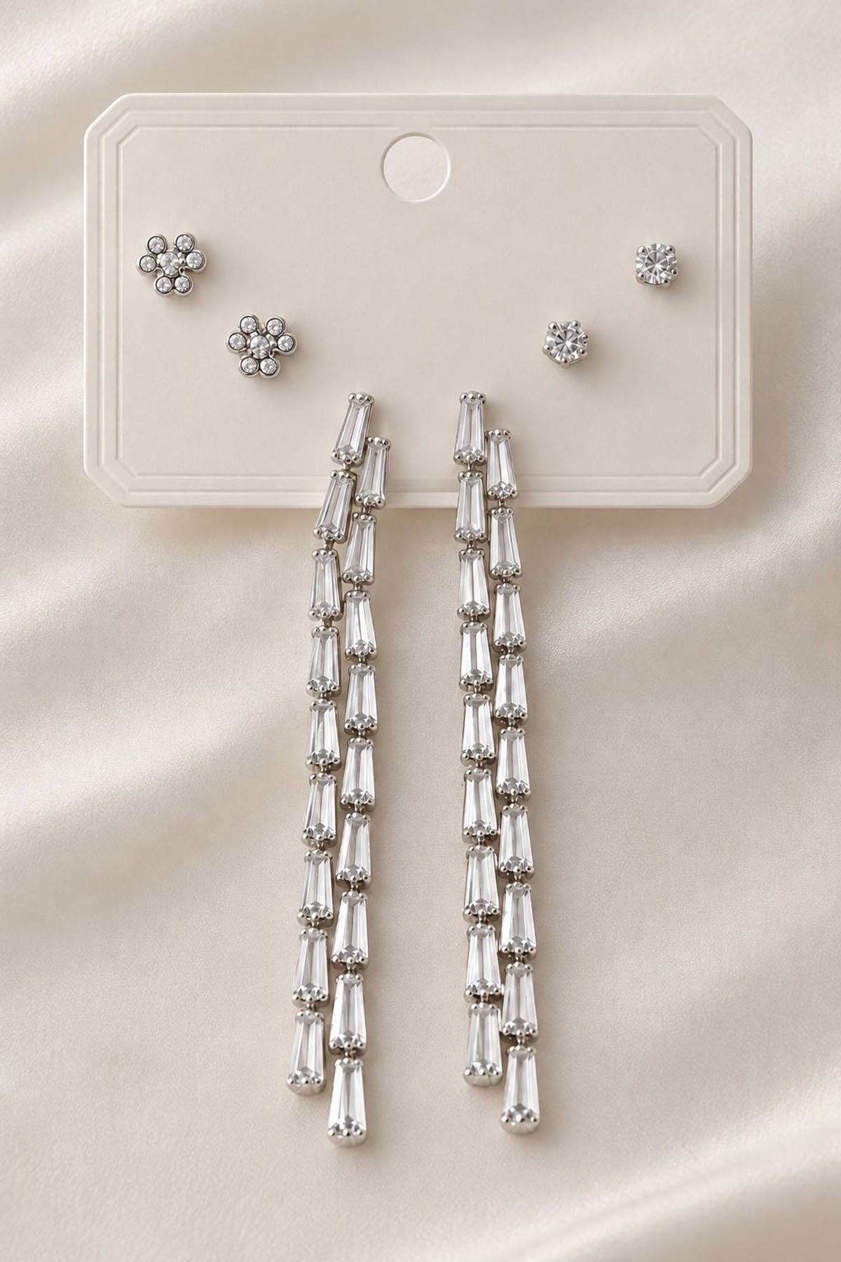 6lı Gümüş Renk Taşlı Sallantılı Küpe Set