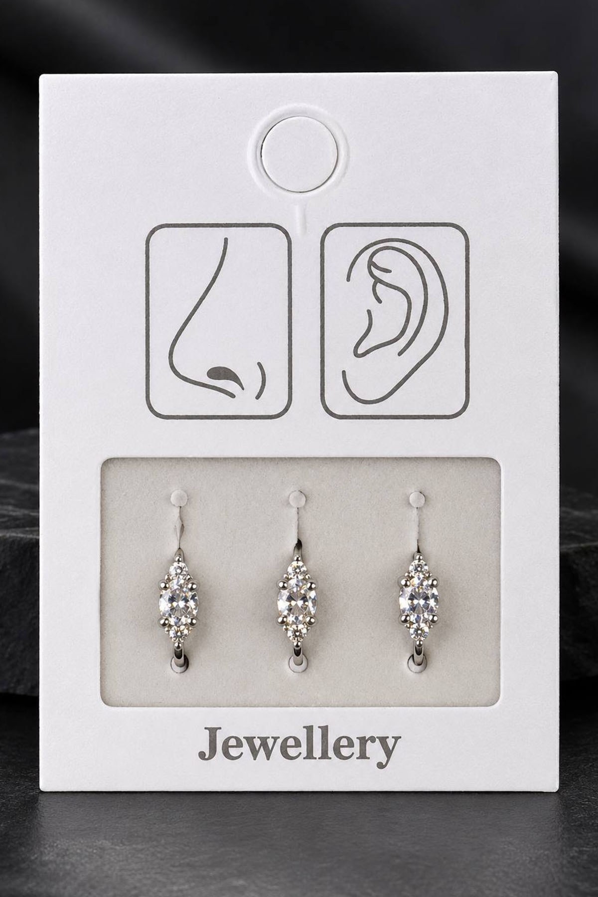 Gümüş Renk Taşlı Deliksiz Kulak/Burun 3lü Piercing Set
