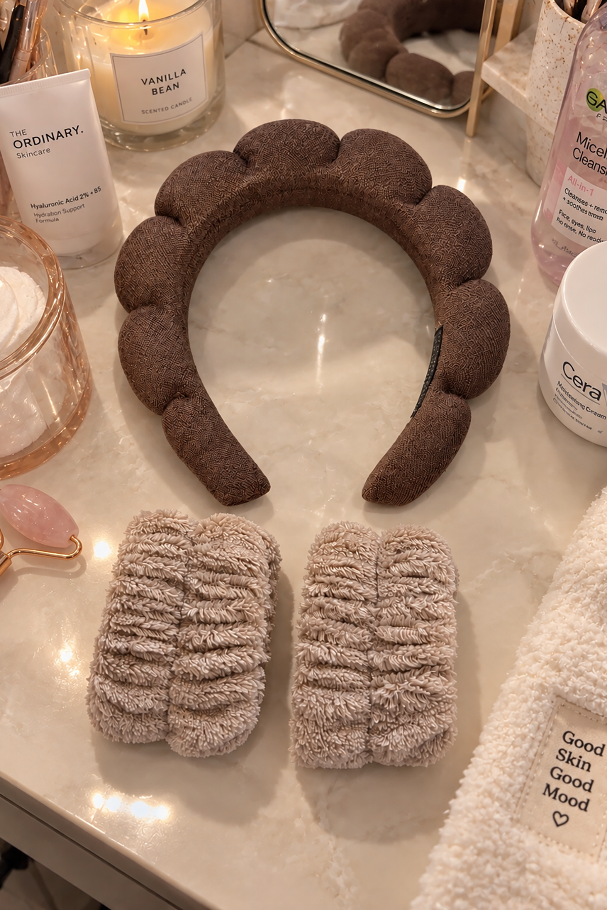 Kahve Renk Spa Taç Ve Peluş Su Emici Havlu Bileklik Set