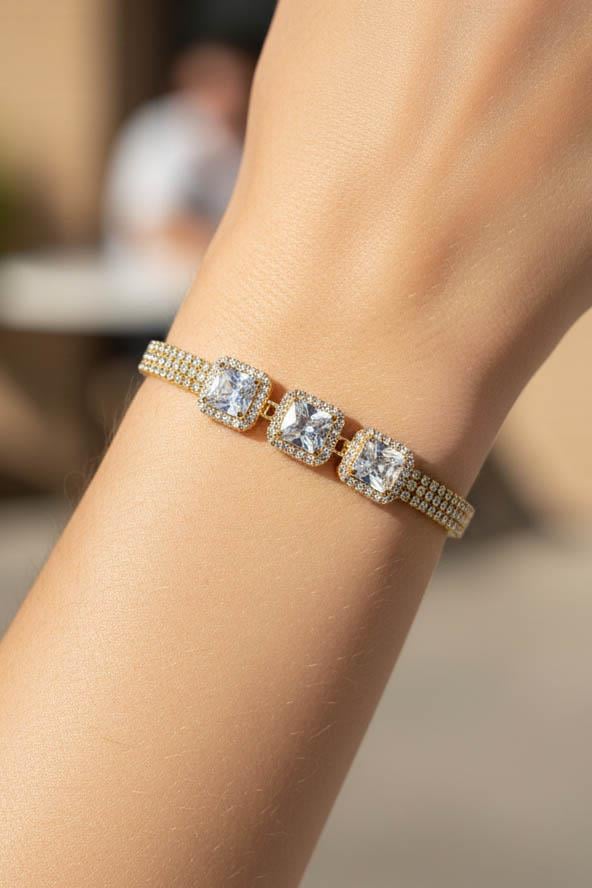 Altın Renk Taş Detaylı 14K Altın Kaplama CM Zincir Bileklik