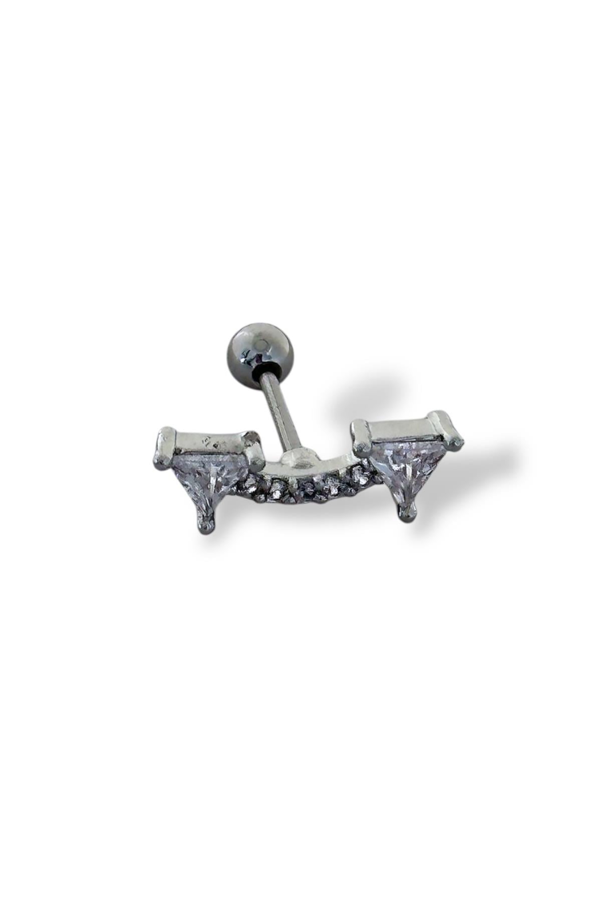 Gümüş Renk Taş Detaylı Çelik Tragus/Kıkırdak Küpe/Piercing (Tek)