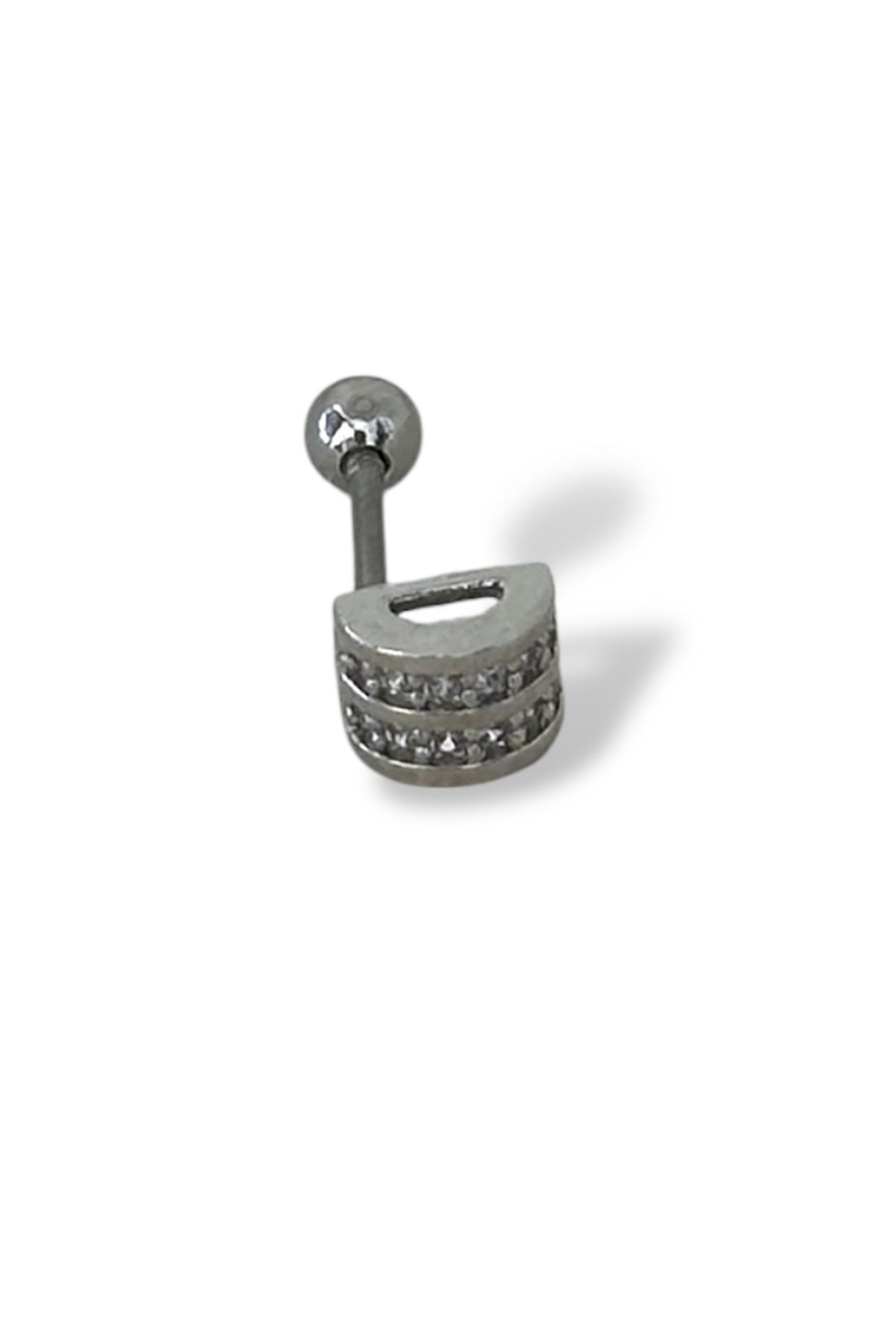 Gümüş Renk Taş Detaylı Çelik Tragus/Kıkırdak Küpe/Piercing (Tek)