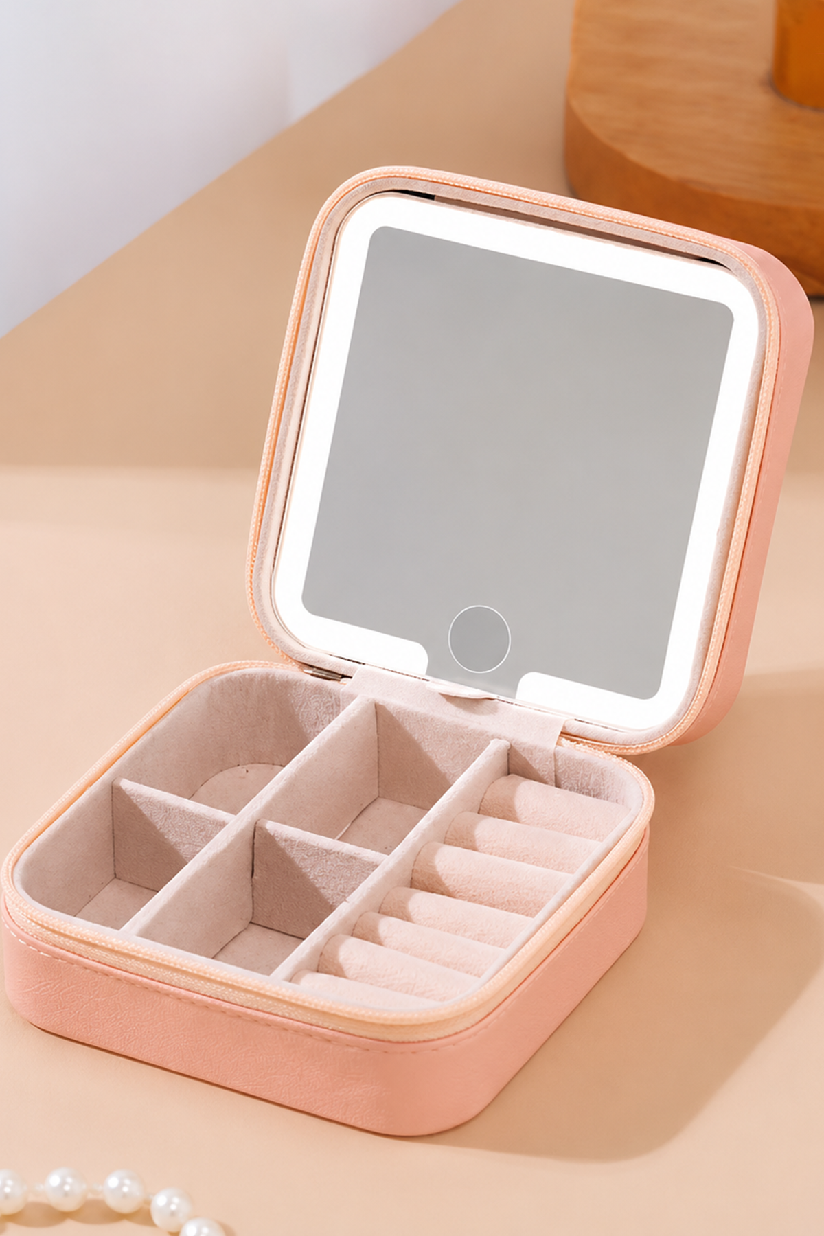 Pembe Renk Dokunmatik Işıklı Aynalı  Takı Organizeri