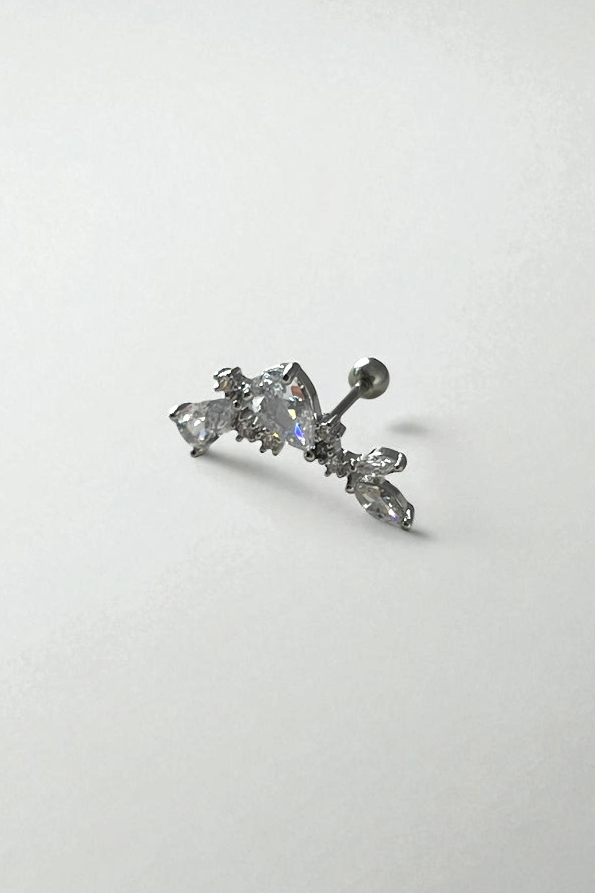 Gümüş Renk Taş Detaylı Çelik Tragus/Kıkırdak Küpe/Piercing (Tek)