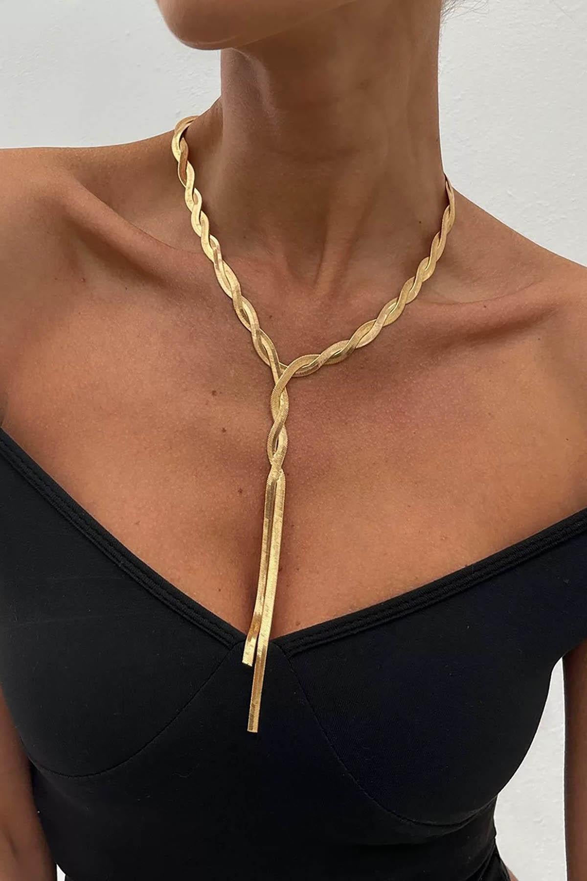 Altın Renk İtalyan Zincir Detaylı Çelik Kolye 